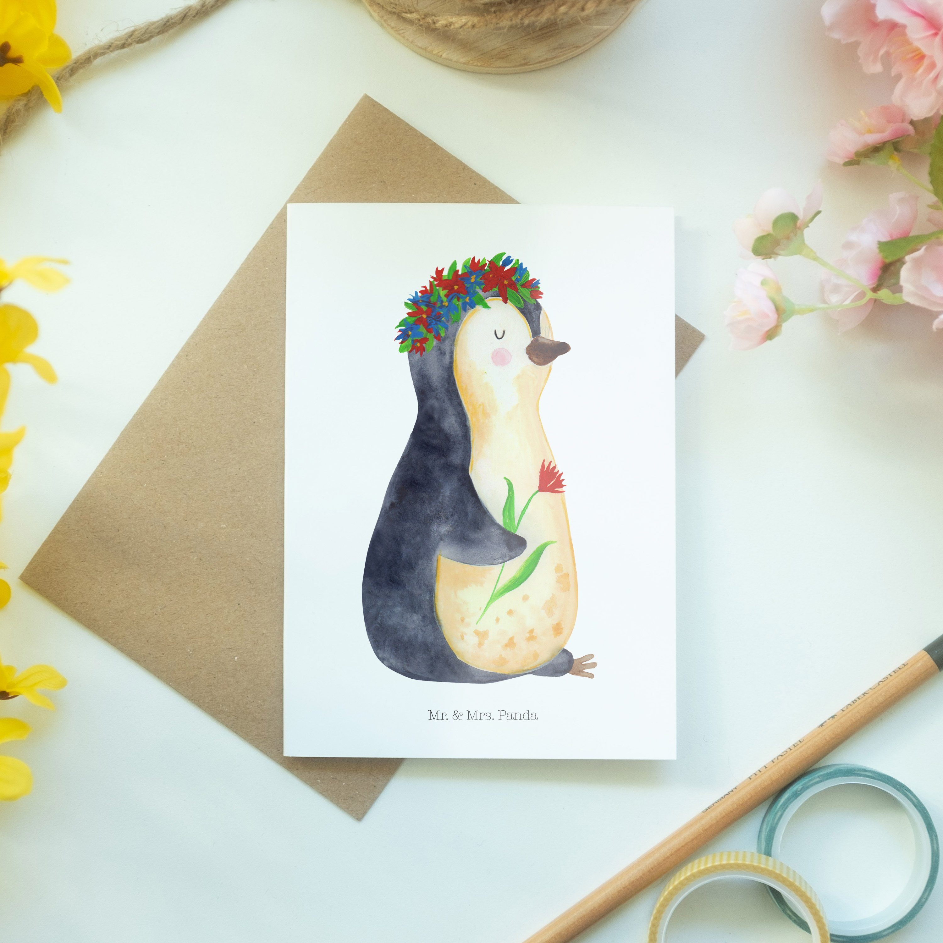 Grußkarte Pinguin Geburtstagsk Blumenkranz Mrs. - Panda - Geschenk, Mr. & Glückwunschkarte, Weiß