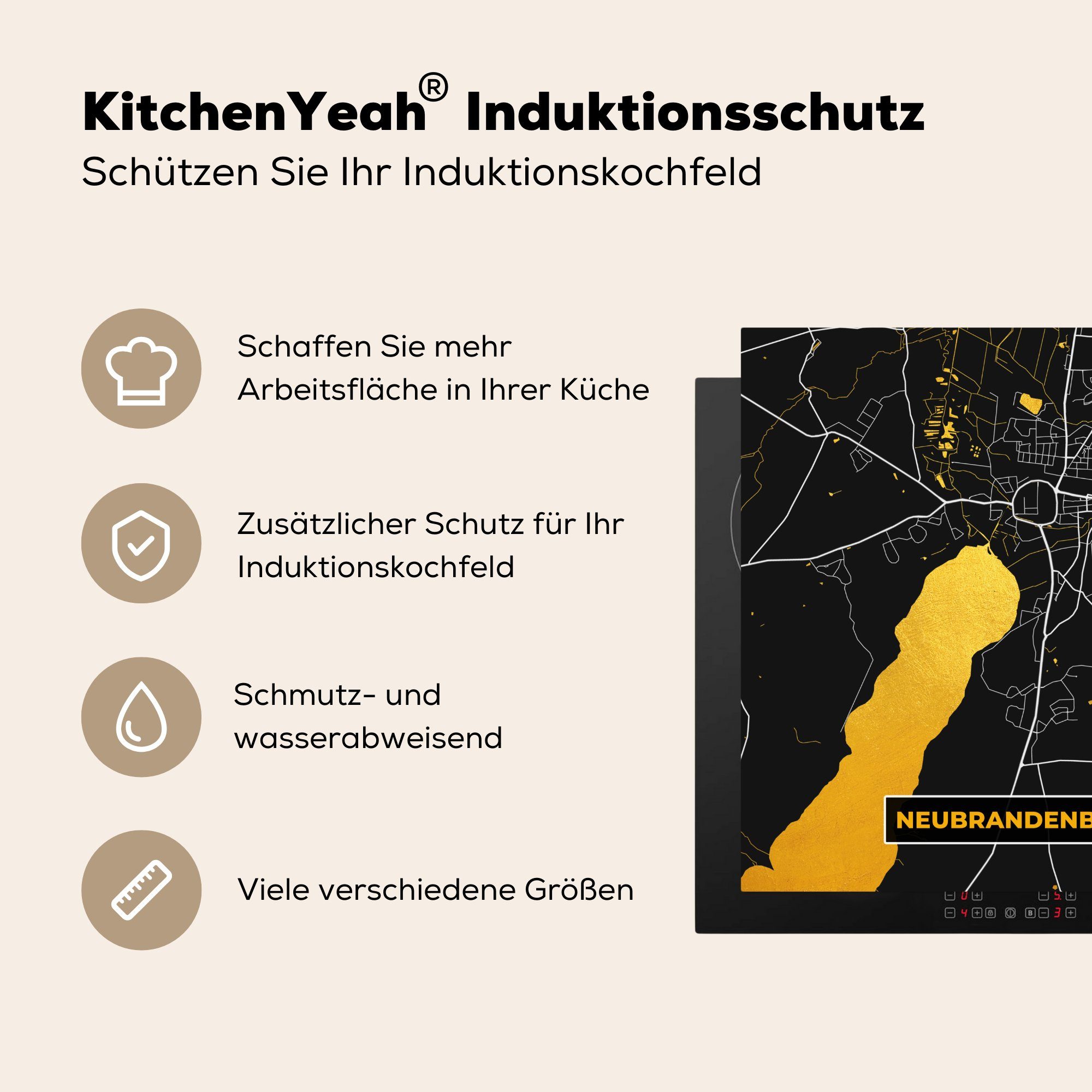 MuchoWow Herdblende-/Abdeckplatte - tlg), - cm, Stadtplan (1 Ceranfeldabdeckung, 78x78 Gold Neubrandenburg küche Arbeitsplatte Deutschland, - - Vinyl, Karte für