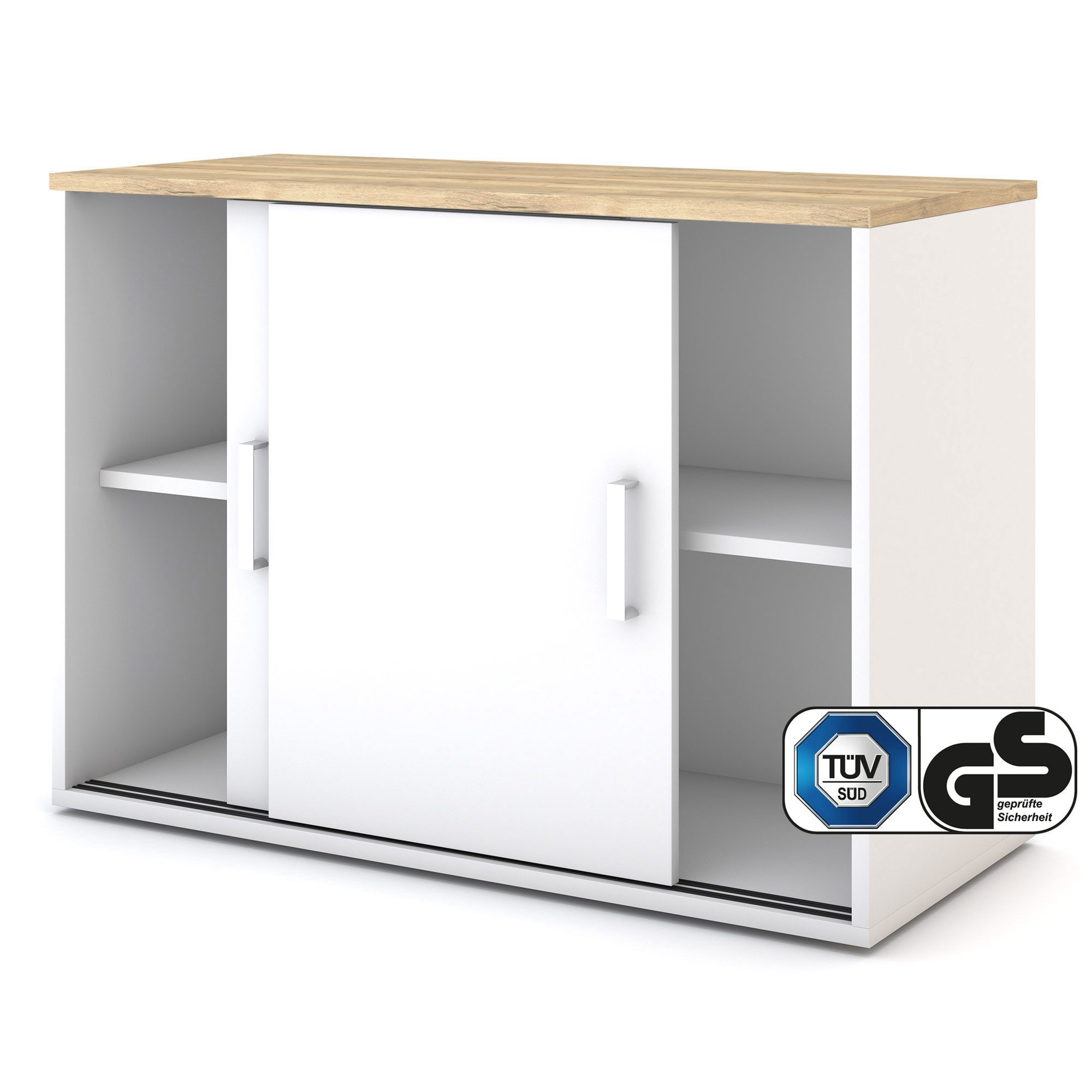 ASSMANN Büromöbel Aktenschrank Allvia (Weiß Eiche Natura 100x44x72cm, fertig montiert, für Büro und Homeoffice), TÜV-zertifiziert, Blauer Engel, FEMB Level 3