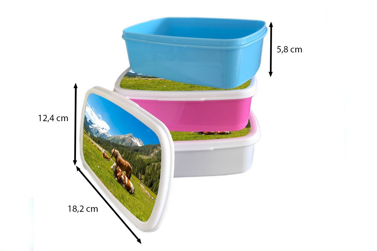 MuchoWow Lunchbox Kühe - - Mädchen und weiß für Alpen, Kinder Jungs Pferde (2-tlg), Brotdose, Brotbox und für Erwachsene, Kunststoff