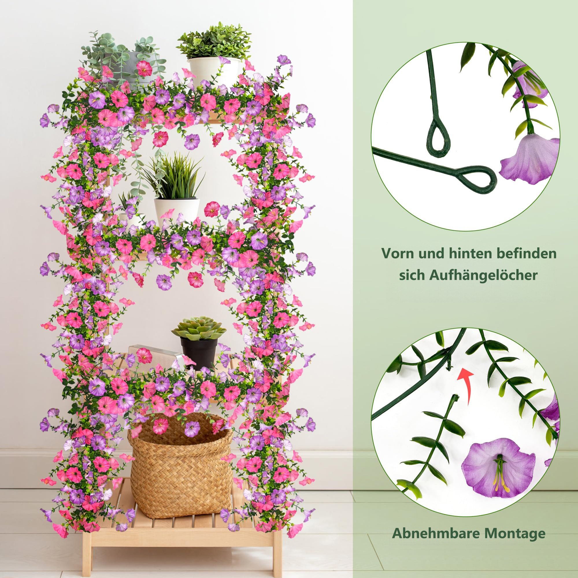 Kunstgirlande 2 Stück Künstliche Blumen Girlande Petunien Blumengirlande, FOUORTUNATE-BEE, Künstliche Hängepflanze für Außen Innen Balkon Terrasse