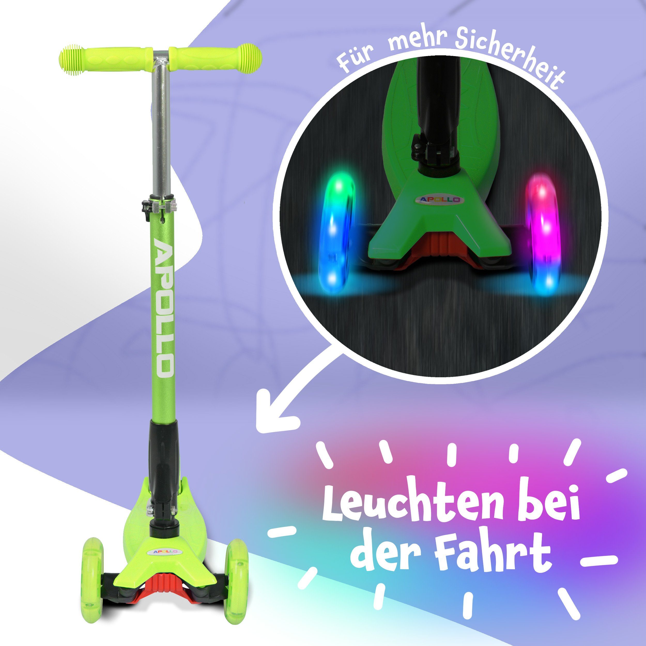 Apollo Dreiradscooter Kinderroller Kids Whiz LED 3-Rad Scooter ab 3 Jahren Tretroller, Klappbarer und höhenverstellbarer Kinder Scooter mit LED Wheels – Bild 4 von 5
