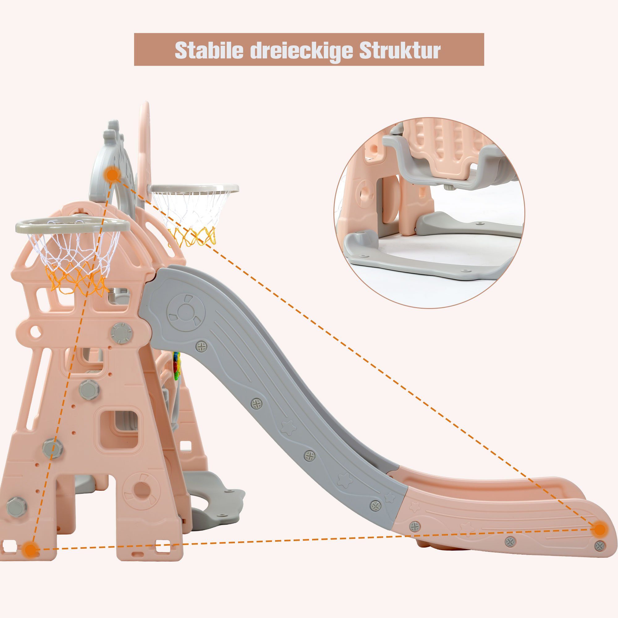 Rutsche, (Kleinkinderrutsche Gartenrutsche für 2-8 Jahre Kinder), Kinderrutsche mit Basketballkorb, Fußballtor, Schaukel und Kletterturm