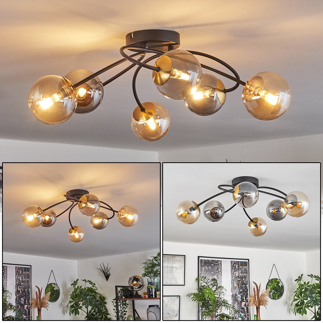 Metall/Glas in aus Luchte ohne G9 LED, ohne Deckenlampe 6 Leuchtmittel, aus Deckenleuchte Retro-Design Schwarz/Goldfarben/Rauchfarben, Glas, im hofstein Leuchtmittel x