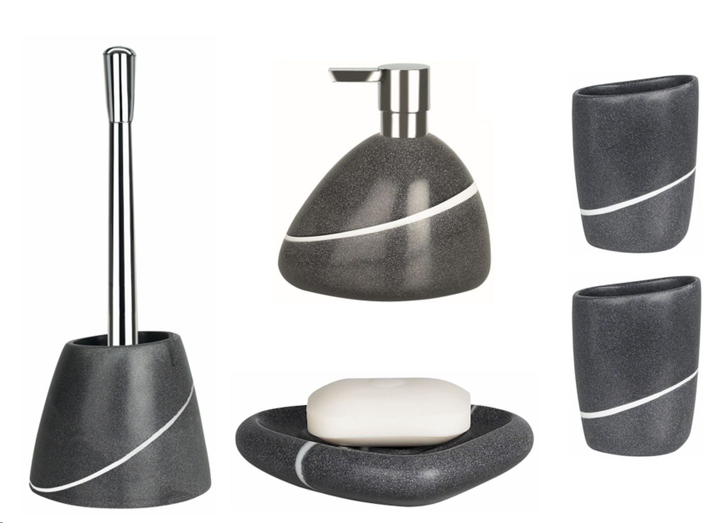 spirella Badaccessoires-Sets ETNA Stone, Zubehör-Set aus hochwertigem Polyresin, Naturstein Optik, 5 tlg., bestehend aus: WC-Bürste, Seifenspender, 2x Zahnputzbecher, Seifenschale, Polyresin, elegante Naturstein Optik, mit Silikon Schutzpads, stone-grau