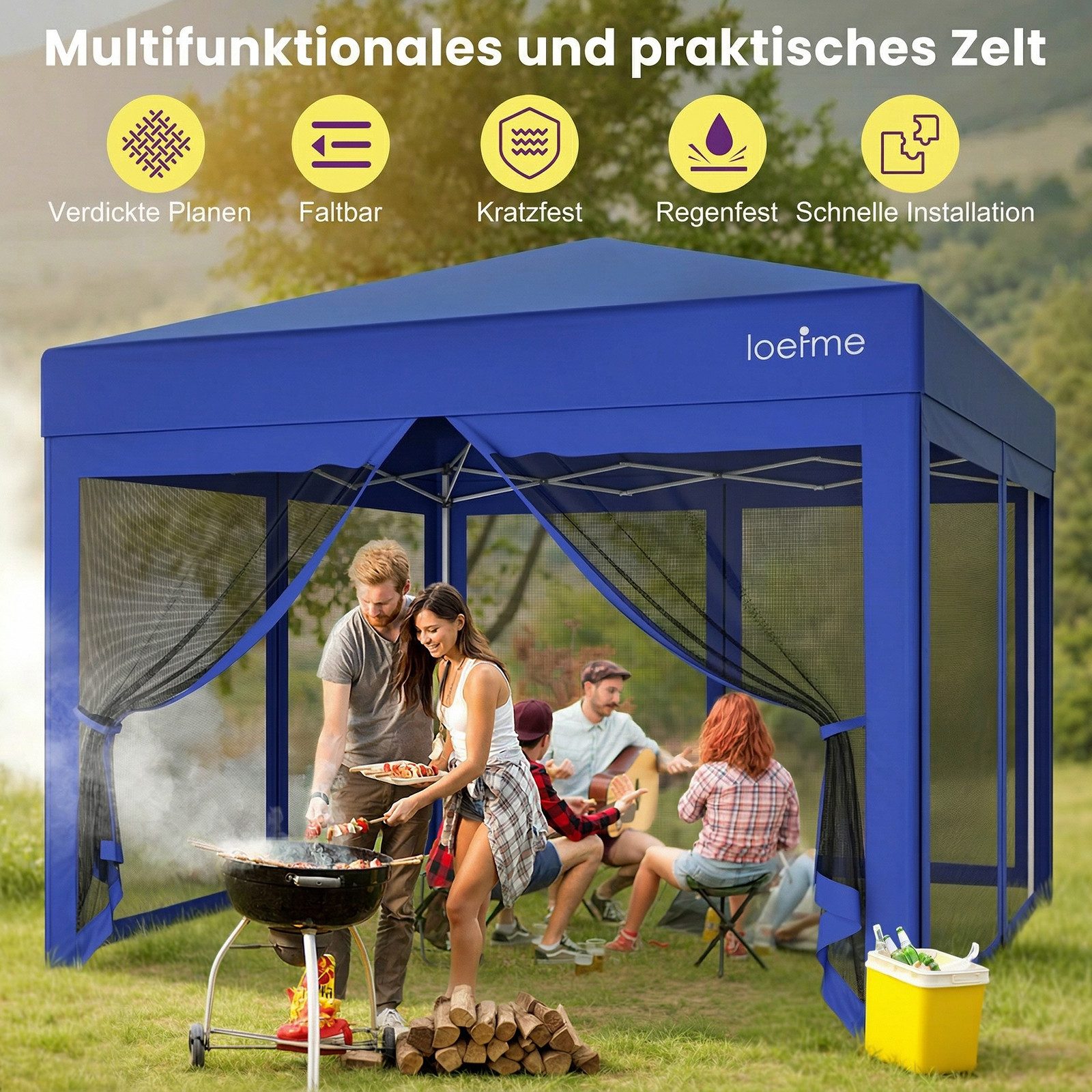 loefme Faltpavillon 3x3m, Pop Up Partyzelt mit 4 abnehmbaren Moskitoseitenwänden, mit 4 Seitenteilen, 3 Höhenverstellungen, wasserdichtes PVC-beschichtetes Gewebe, Blau