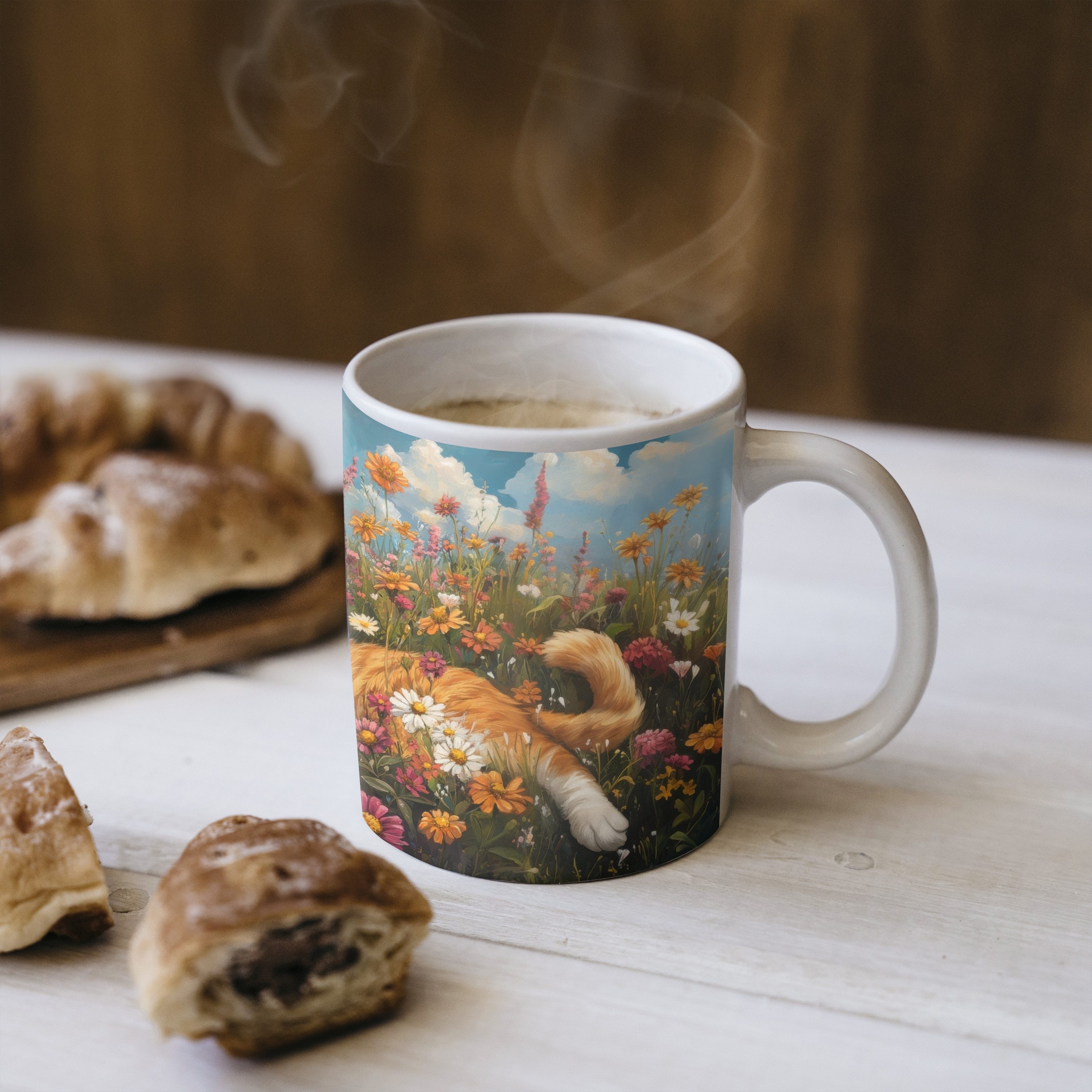 MuchoWow Tasse Katze - Blumen - Entspannen, 1-tlg., Keramik, Kaffeetassen, Teetasse, Becher, Kaffeebecher, Geschenk