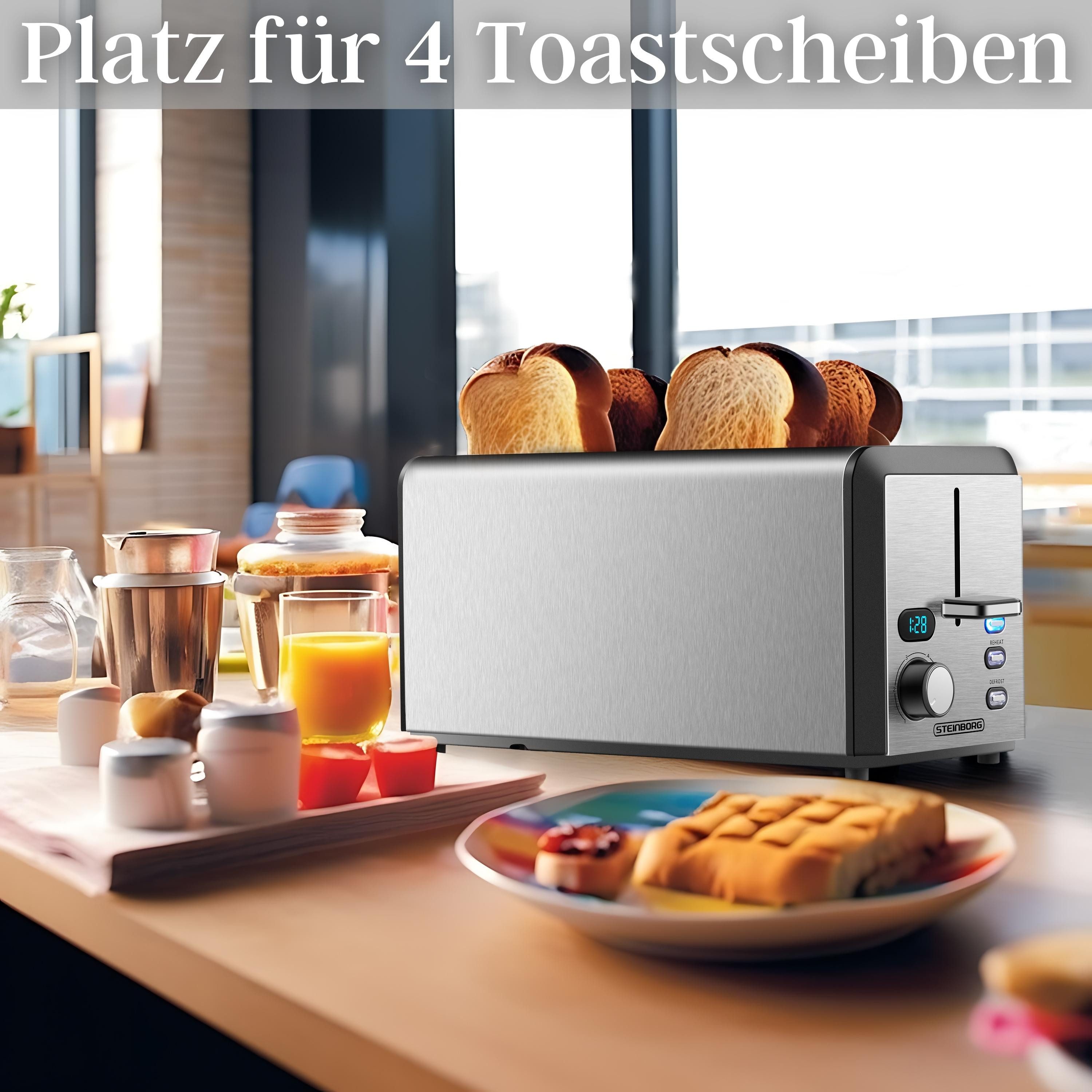 STEINBORG Toaster SB-2211, 2 lange Schlitze, für 4 Scheiben, 1500 W, Edelstahl Gehäuse,Brötchenaufsatz,Krümelschublade,LED Display