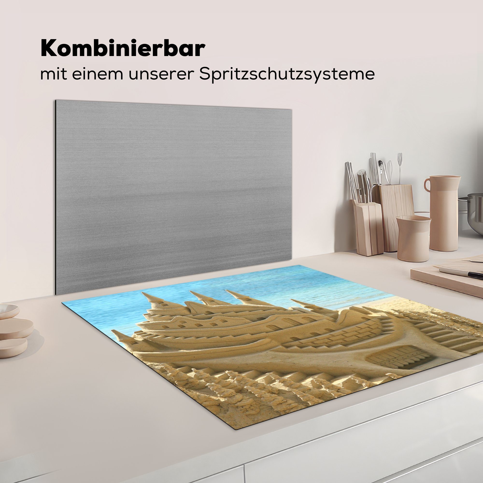 tlg), vor cm, (1 Ceranfeldabdeckung, 78x78 küche MuchoWow Sandburg Meer, Arbeitsplatte für Vinyl, Herdblende-/Abdeckplatte blauem