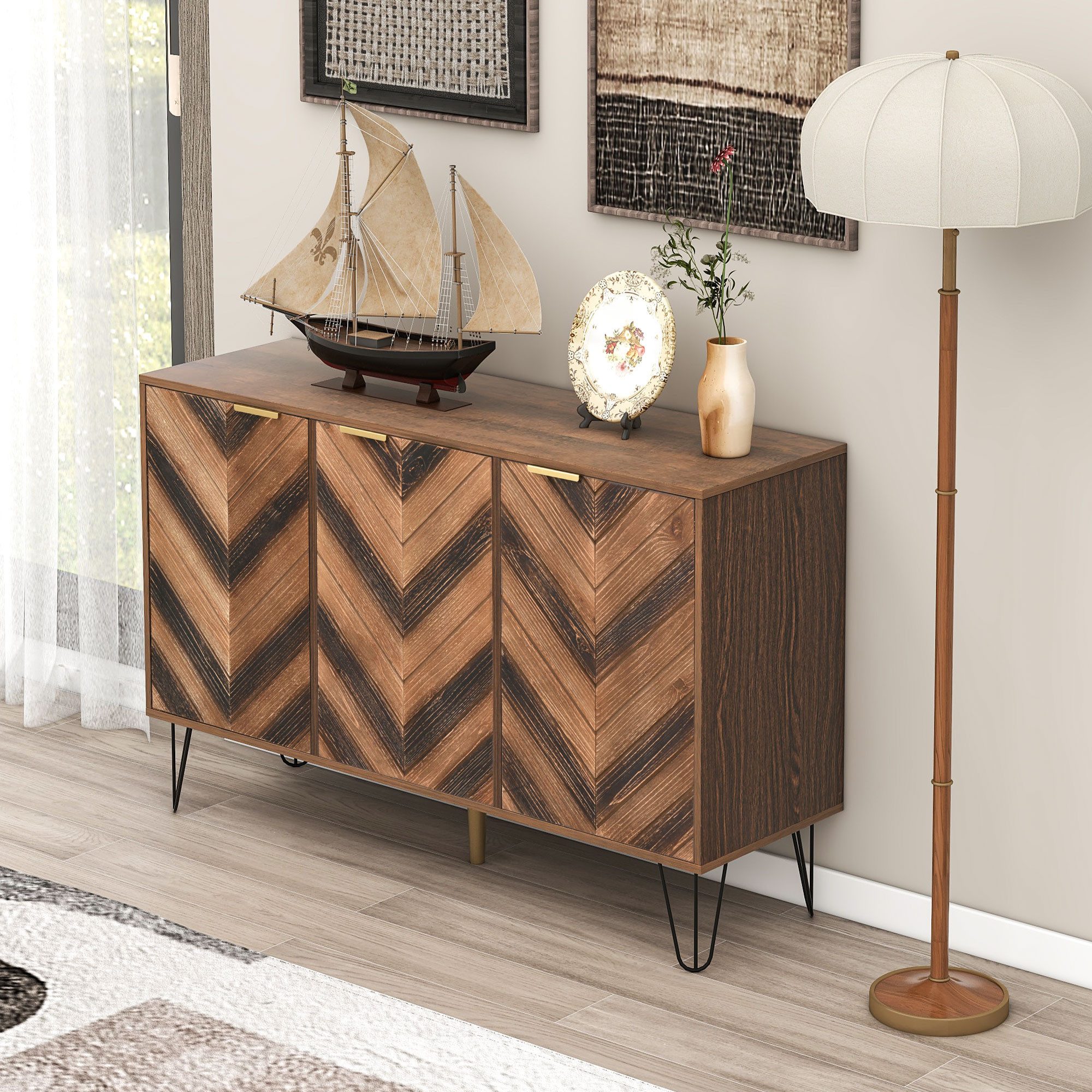 STILVORA Sideboard mit Eisenfüße,Aufbewahrungsschrank Beistellschrank mit Liniendesign (Sideboard), mit Fischgrätenmuster Dekor und Eisenfüße