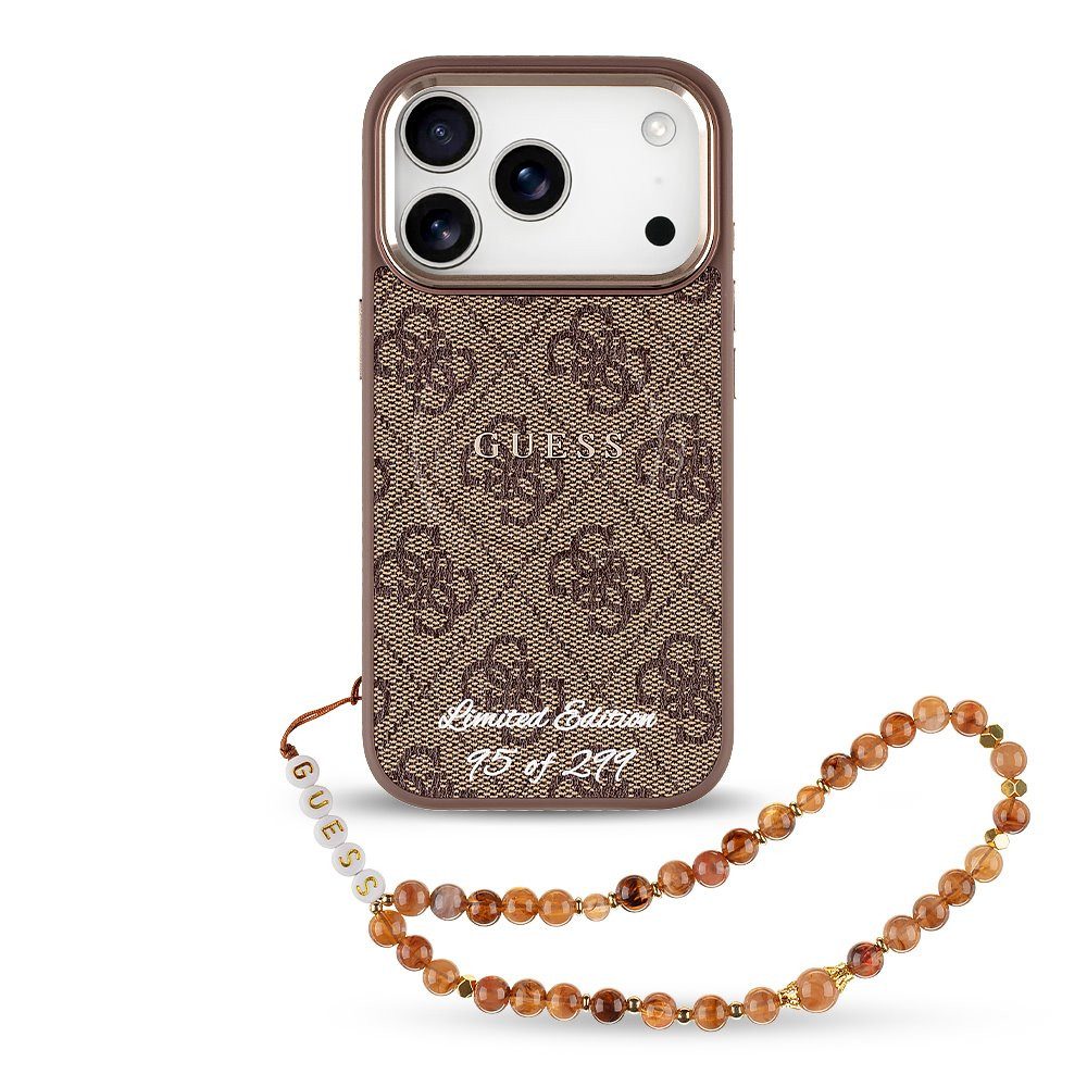Guess Handyhülle Limited Edition Hülle Case iPhone 17 Pro Kunstleder braun Kette MagSaf 6,3 Zoll, Kantenschutz