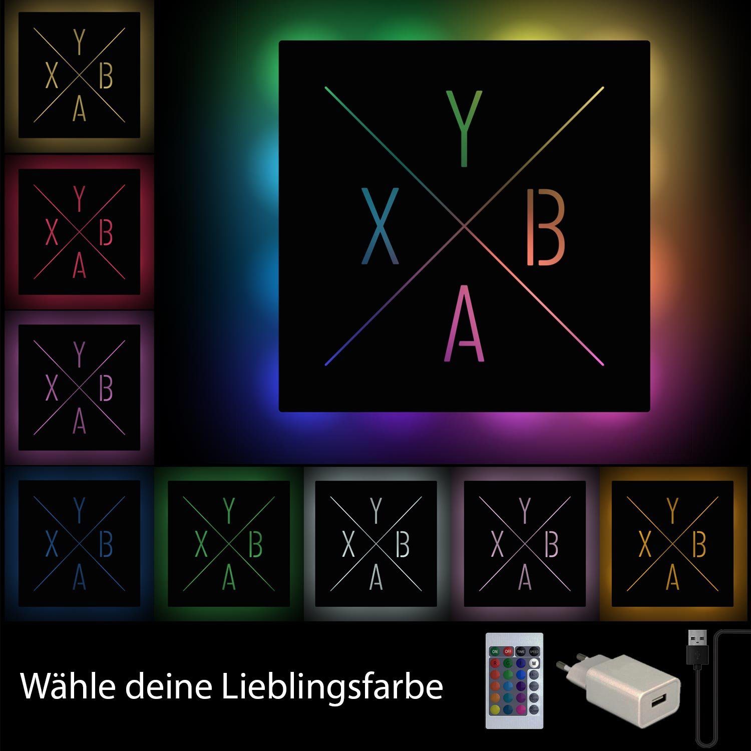 Schwarz Controller RGB YBAX Deko LED Leuchte mit Namofactur integriert, Gamepad fest Wanddeko, XABY Wandlampe LED Fernbedienung Dekolicht Gamer Licht USB Zocker, Lampe Tasten Gamer Farbwechsel,