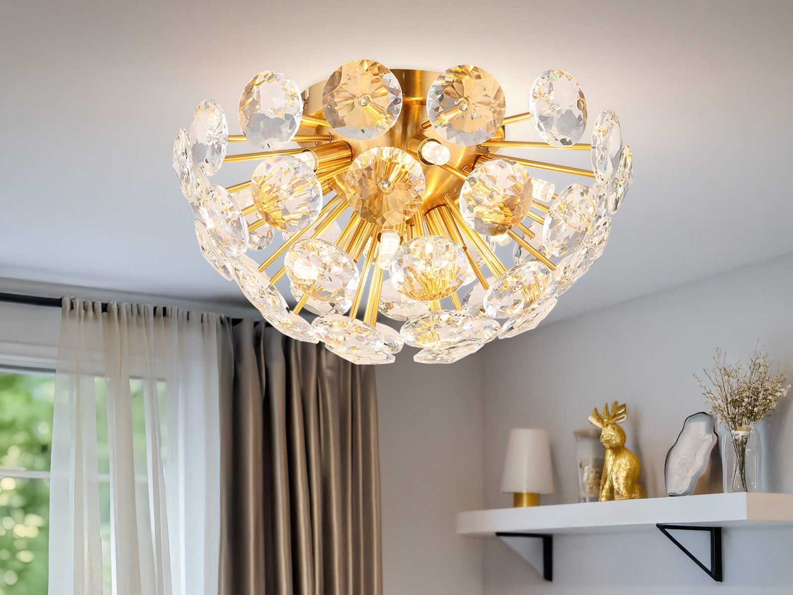 GLOBO LIGHTING LED Deckenleuchte Metall in Gold mit K9 Kristallen Ø 39cm, Dimmfunktion, LED wechselbar, warmweiß, besondere ausgefallene Deckenlampe mit funkelndem Glas Lampenschirm