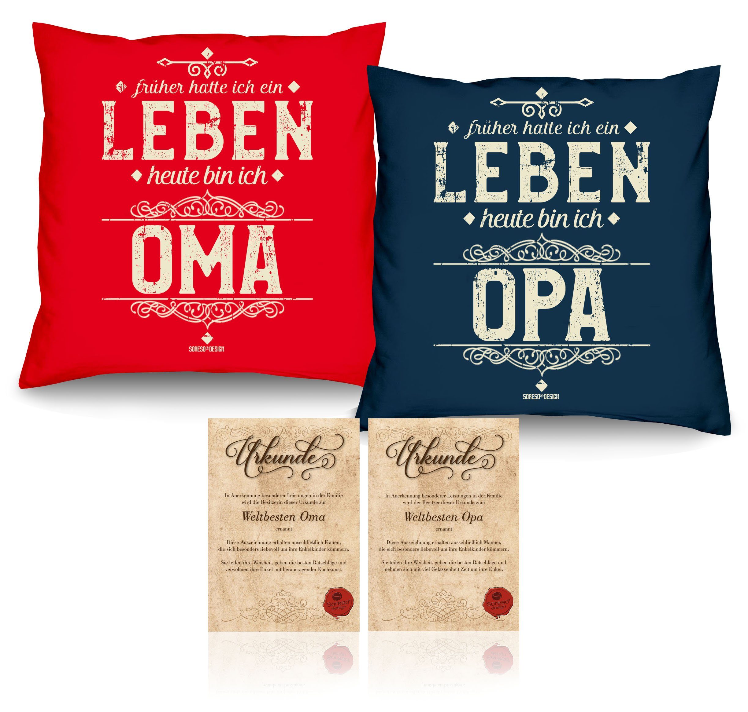 Oma Opa im mit Geschenk-Set Heute bin navy-blau ich ich Muttertagsgeschenk bin Heute Urkunden, Soreso® Dekokissen Kissen-Set Vatertagsgeschenk