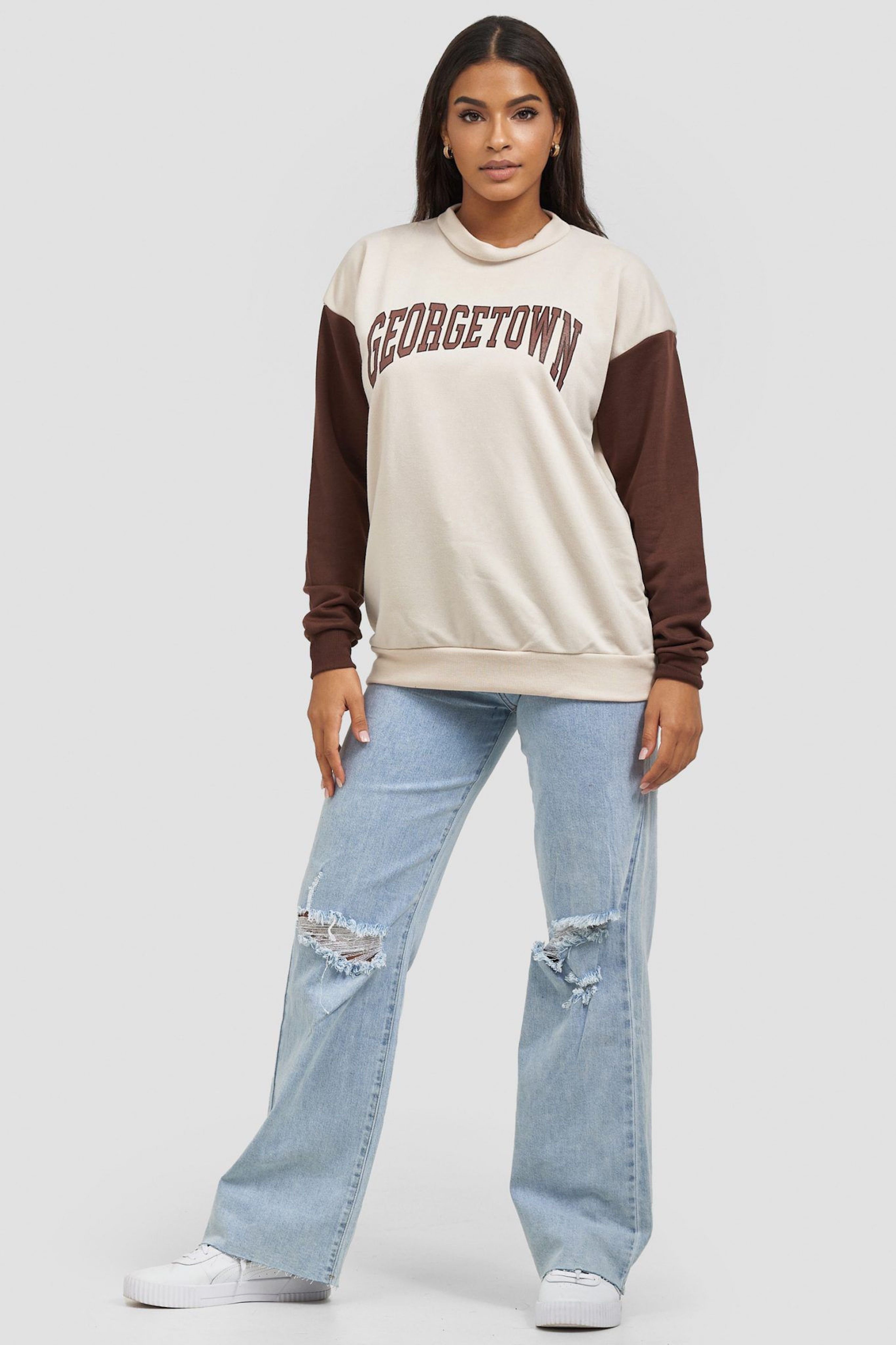 Worldclassca Sweatshirt Worldclassca Damen Mädchen Oversized Sweatshirt Lounge Homewear Sweater Shirt Bedruckt Schriftzug GEORGETOWN College Uni Farben Freizeit Sport Langarmshirt Oberteil Pulli Pullover Blogger NEU S-L