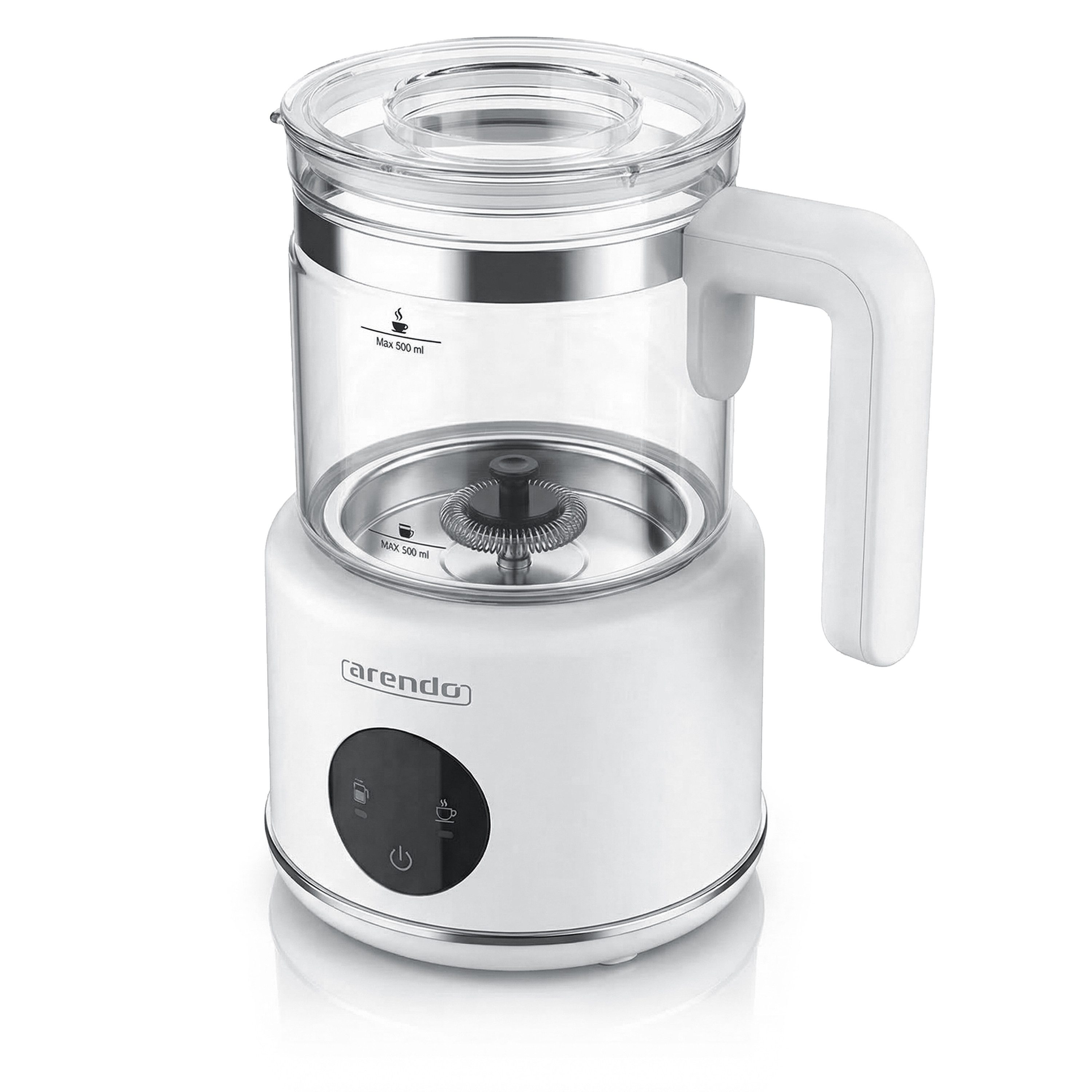 Arendo Milchaufschäumer mit 500 ml Glas Behälter, elektrisch, für heißen & kalten Milchschaum, 600 W, 2 Einsätze, für Cappuccino Latte Macchiato heiße Schokolade uvm.