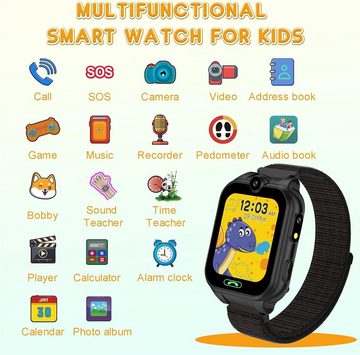 PTHTECHUS Smartwatch (1,68 Zoll, SIM Karte), Uhr Telefon für Mädchen Jungen mit Anruf, SOS, 18 Spiele Musik