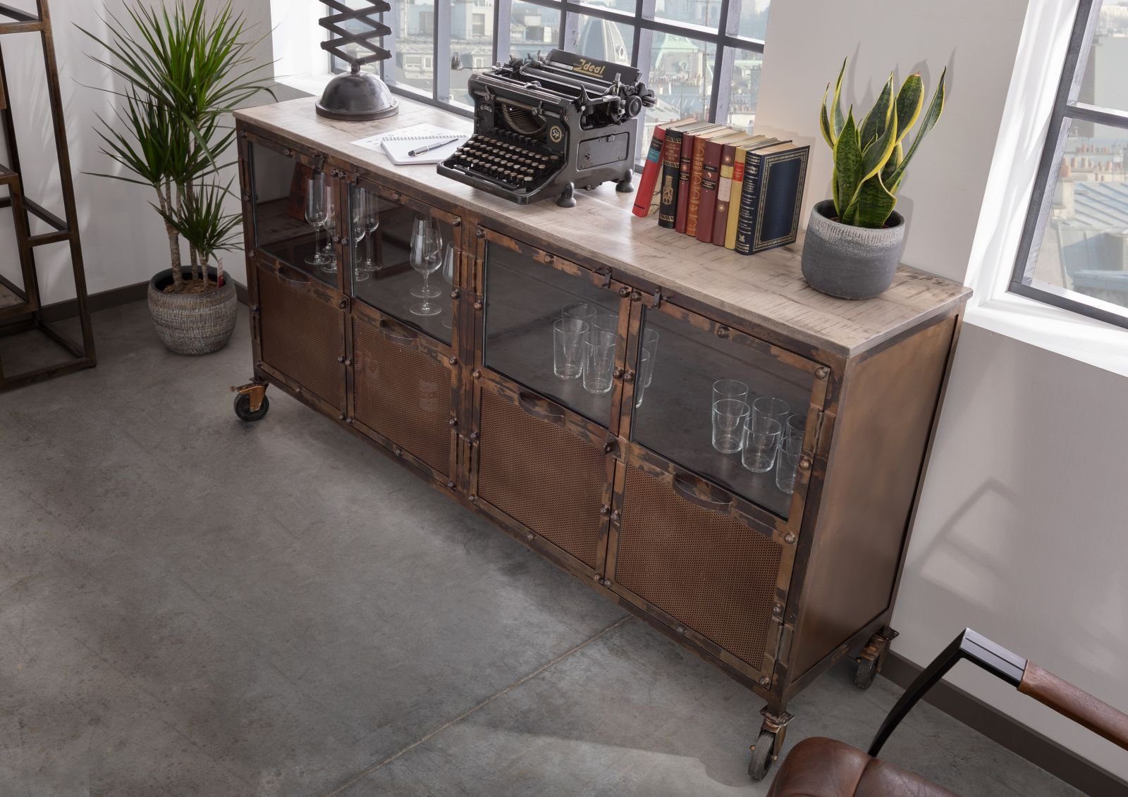 Massivmoebel24 Sideboard HEAVY INDUSTRY (Massivholz), Sideboard Mango 180x40x90 braun lackiert HEAVY INDUSTRY #215