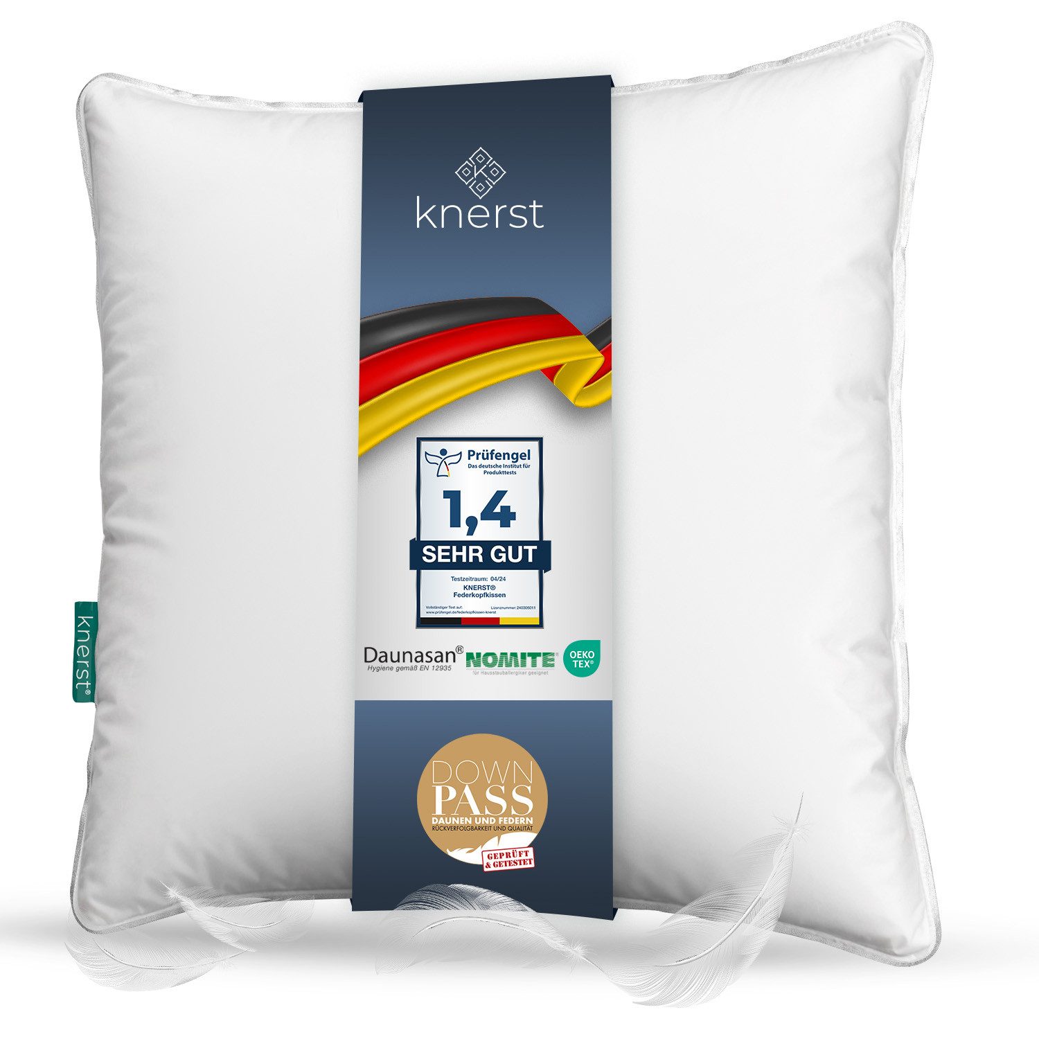 KNERST Federkopfkissen Federkopfkissen - Kopfkissen Feder 80x80, 40x80, Füllung: Federn, Bauchschläfer, Rückenschläfer, Seitenschläfer, Hergestellt in Deutschland, für Allergiker geeignet