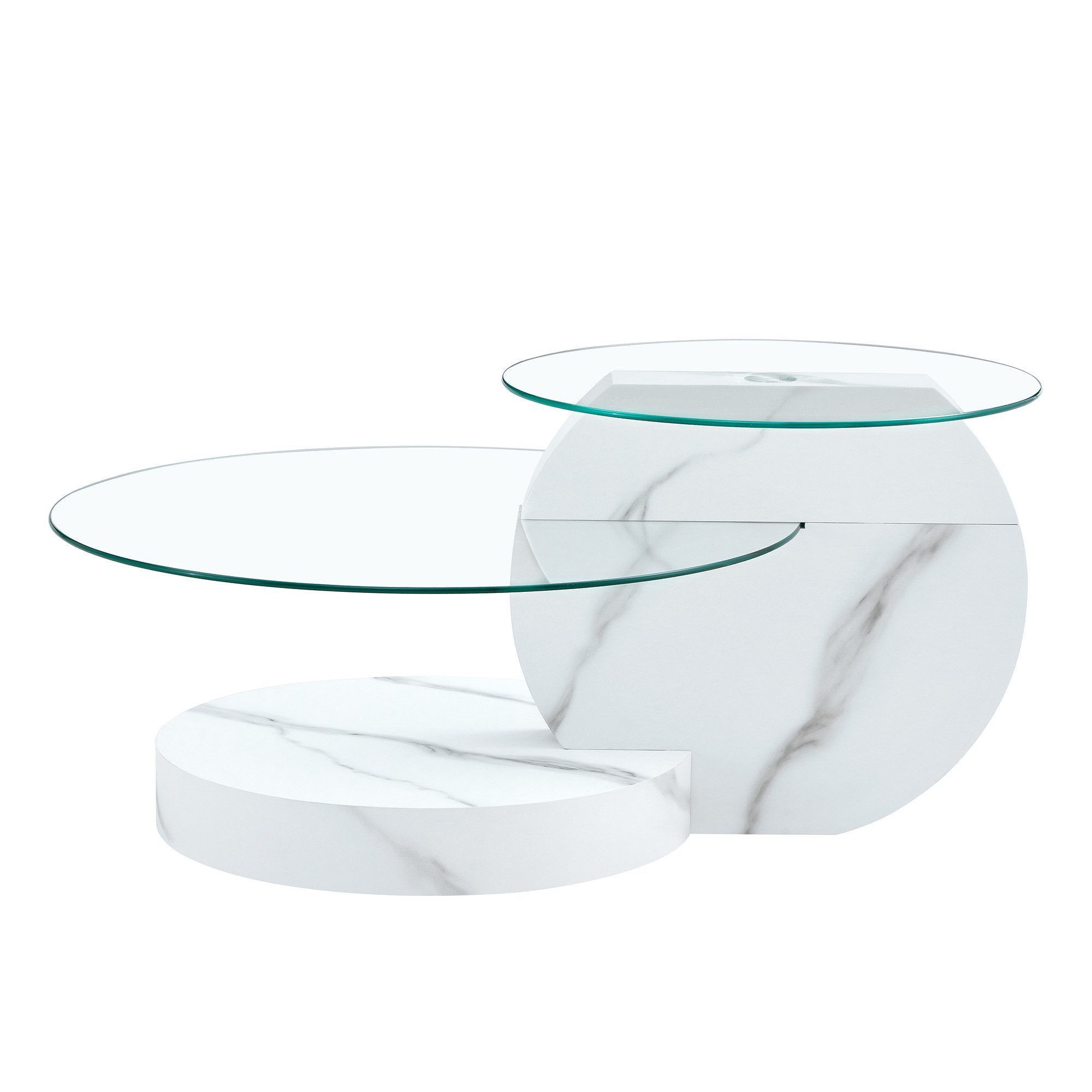 gopop Couchtisch 2er Set, Rundes Glas-Beistelltisch Wohnzimmertisch mit Stauraum, 6 mm Hartglasplatten, MDF-Basis, 90x70 cm