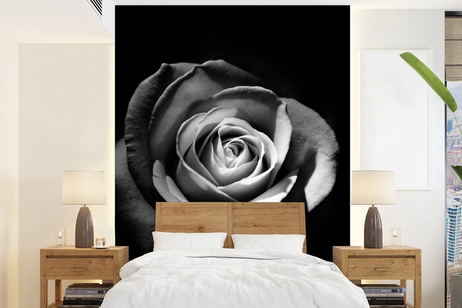 MuchoWow Fototapete Blumen - Schwarz - Rose - Weiß - Botanisch, Matt, bedruckt, (4 St), Montagefertig Vinyl Tapete für Wohnzimmer, Wandtapete