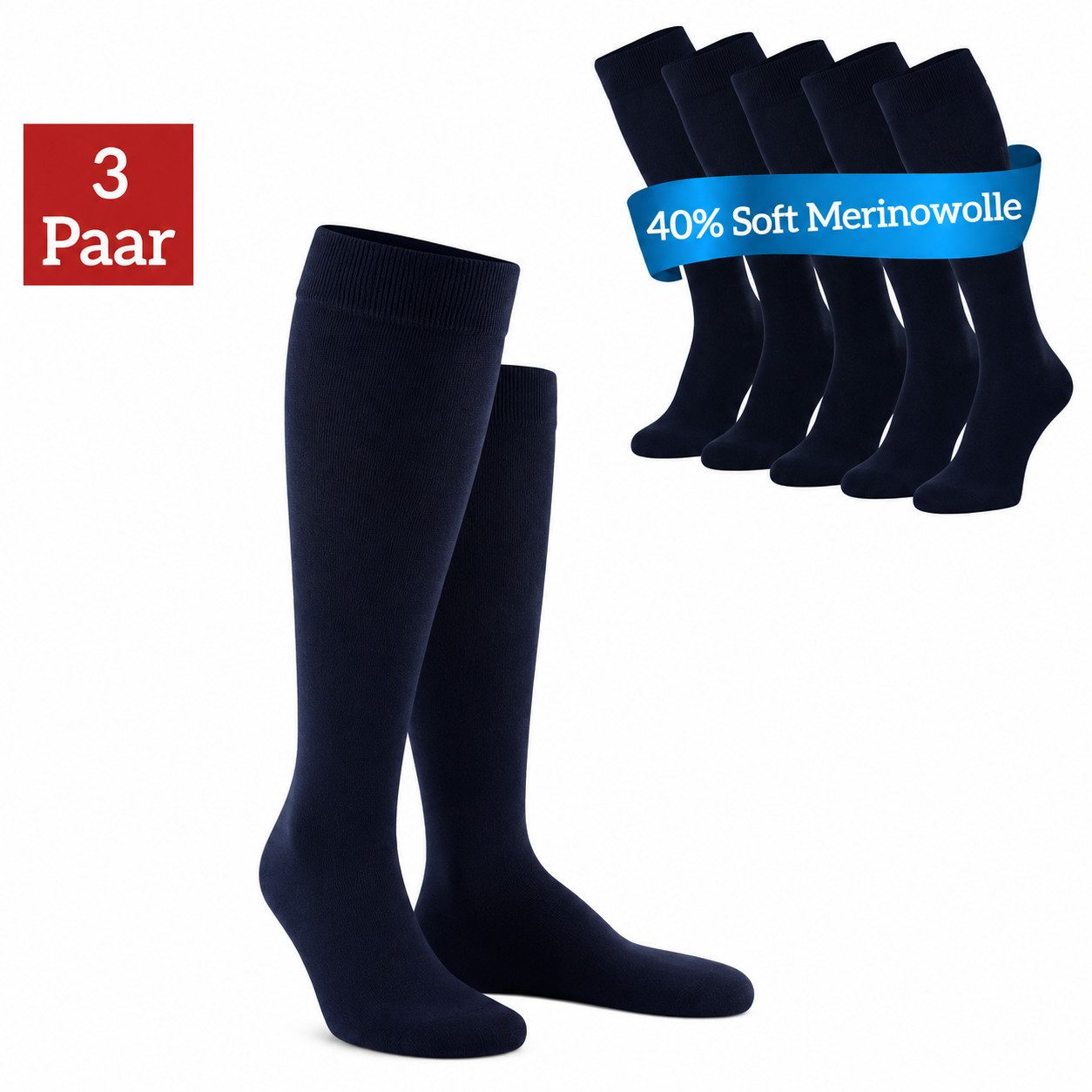 NERS Kniestrümpfe aus Merinowolle Damen & Herren mit Komfortbund, ohne drückende Naht (3-Paar, 3 & 6 Paar) Soft Merino, für warme Füße