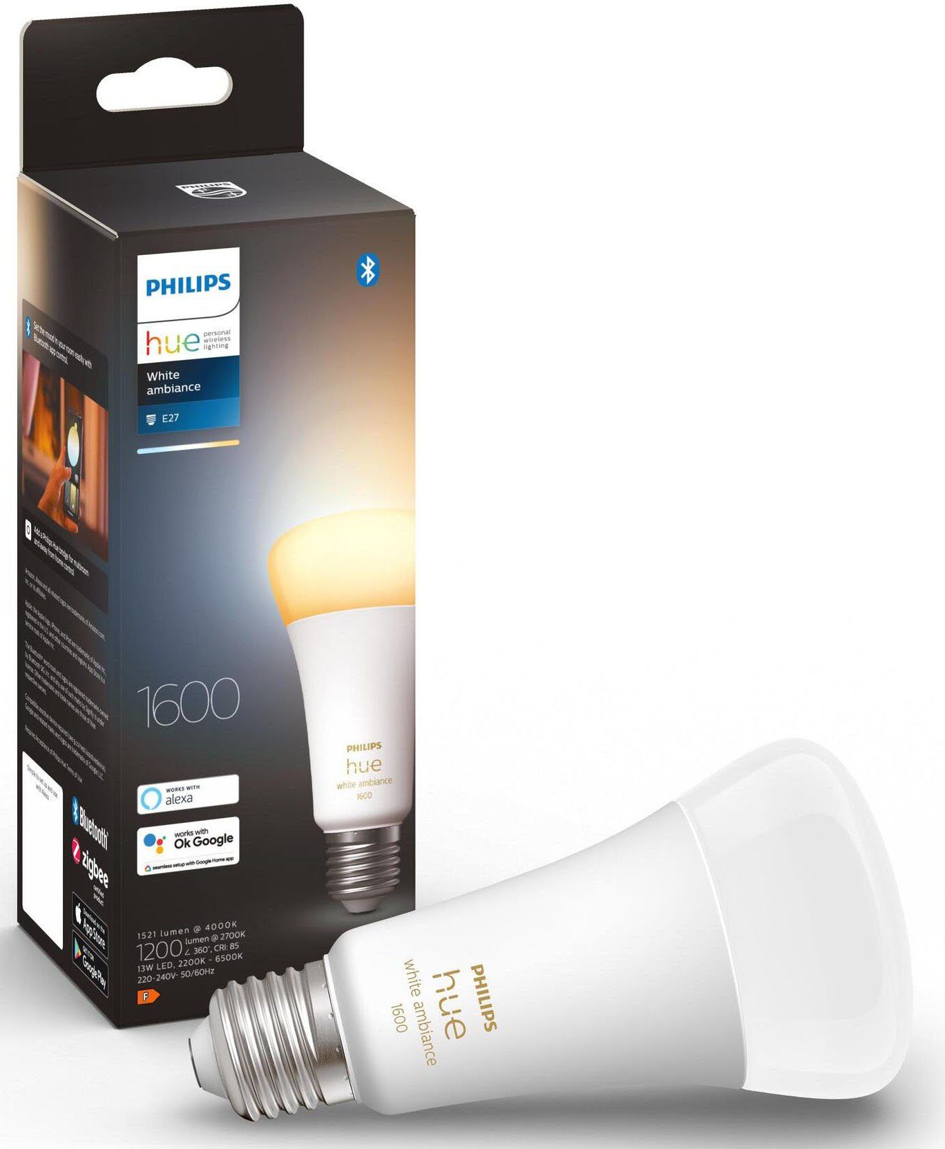 Philips Hue LED-Leuchtmittel White Ambiance E27 Einzelpack 1100lm 100W, E27, 1 St., Warmweiß, CCT-Farbtemperatursteuerung - warmweiß bis tageslichtweiß