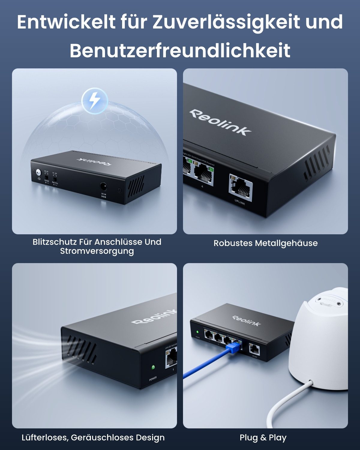 Reolink Überwachungskamera Zubehör Plug & Play PoE-Switch mit 5 Anschlüssen und 65W Leistungsfähigkeit (PoE-Anschluss 4 × 10/100/1000 Mbit/s) – Bild 5 von 5
