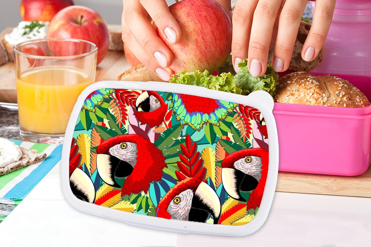 Brotdose Kunststoff Kinder, Design, Snackbox, Dschungel - Brotbox - Kunststoff, Mädchen, Vögel - Lunchbox MuchoWow rosa Papagei (2-tlg), für Erwachsene,