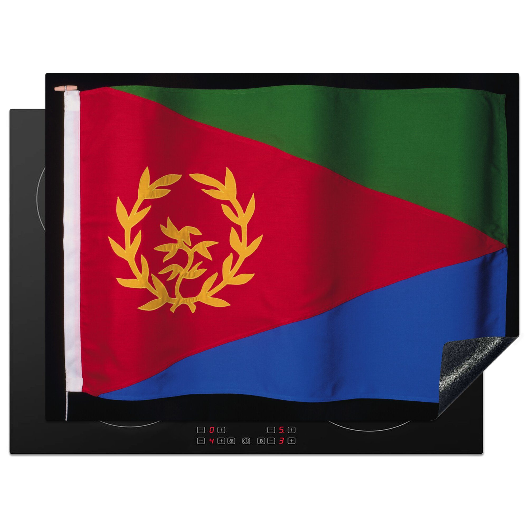 MuchoWow Herdblende-/Abdeckplatte Die Flagge von Eritrea auf schwarzem Hintergrund, Vinyl, (1 tlg), 71x52 cm, Induktionskochfeld Schutz für die küche, Ceranfeldabdeckung