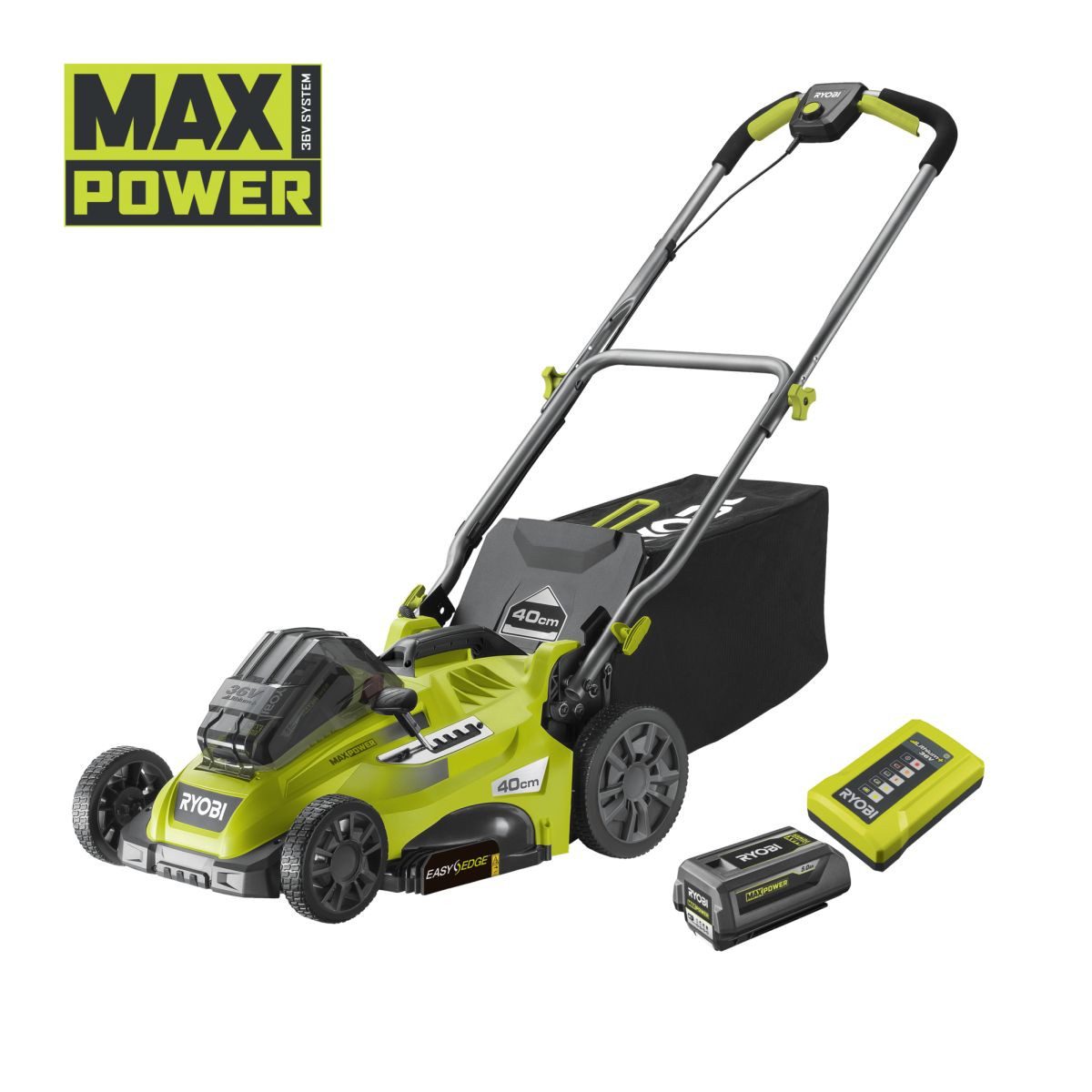 Ryobi Akkurasenmäher Ryobi Akku Rasenmäher 36V MAX POWER 40cm Mulchfunktion, Akku Ladegerät