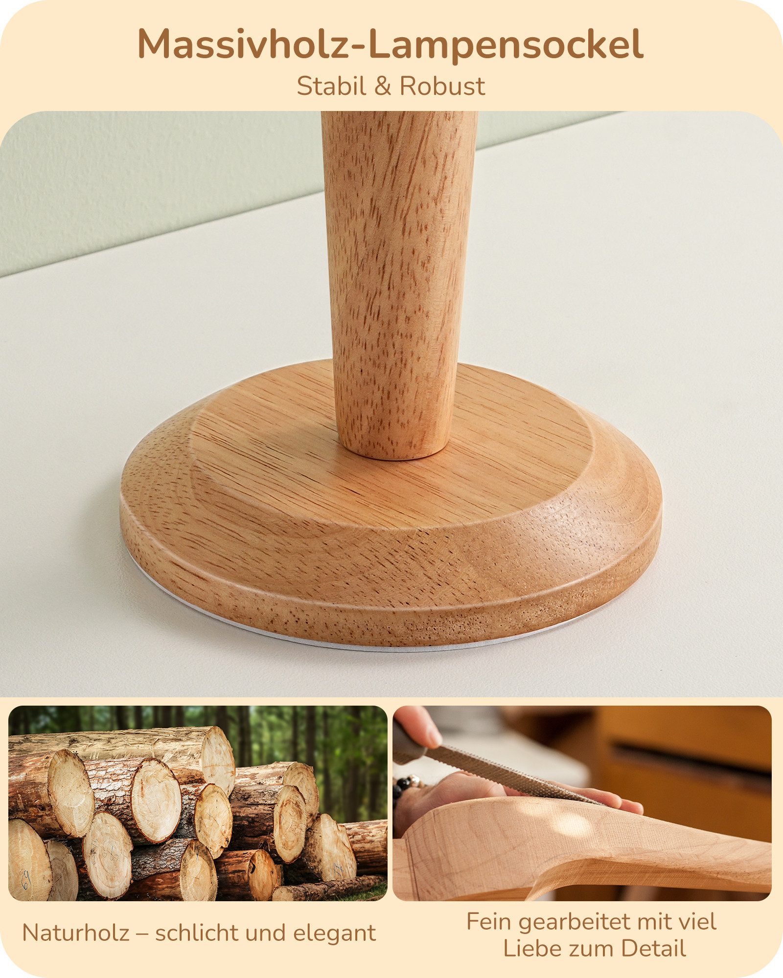 EDISHINE Nachttischlampe mit Massivholzsockel & Leinen-Lampenschirm, LED wechselbar, Warmweiß, Höhe 34 cm, inkl. 4W LED-Leuchtmittel