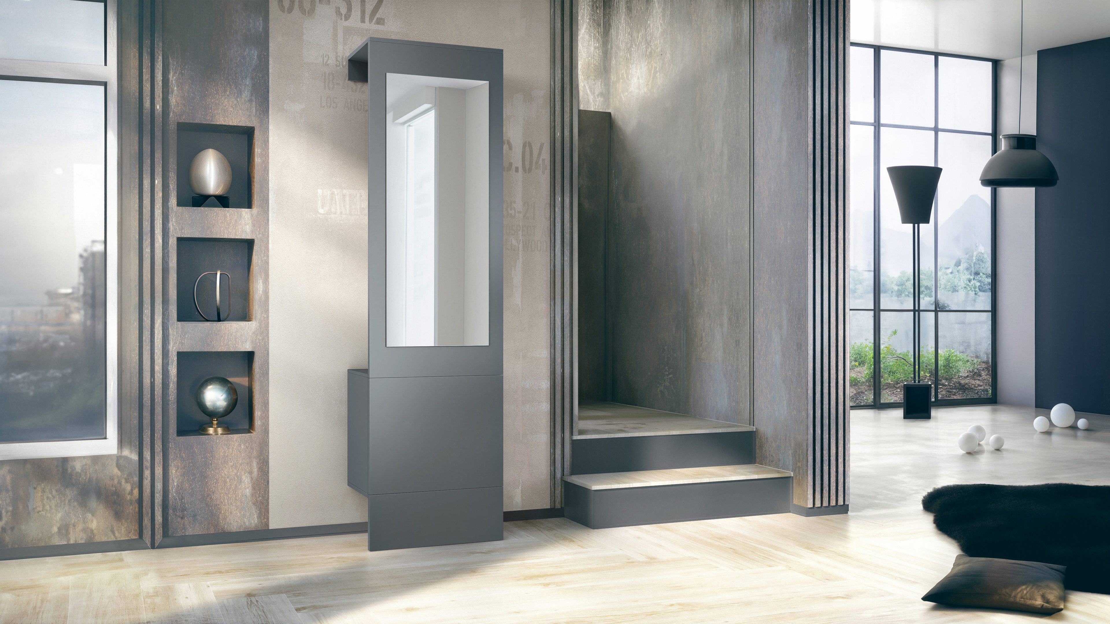 Vladon Garderoben-Set Carlton Neo, (Wandgarderobe aus Flur-Paneel, mit Spiegel, Kleiderstange & Wandschrank), Anthrazit matt (52 x 193 x 35 cm)