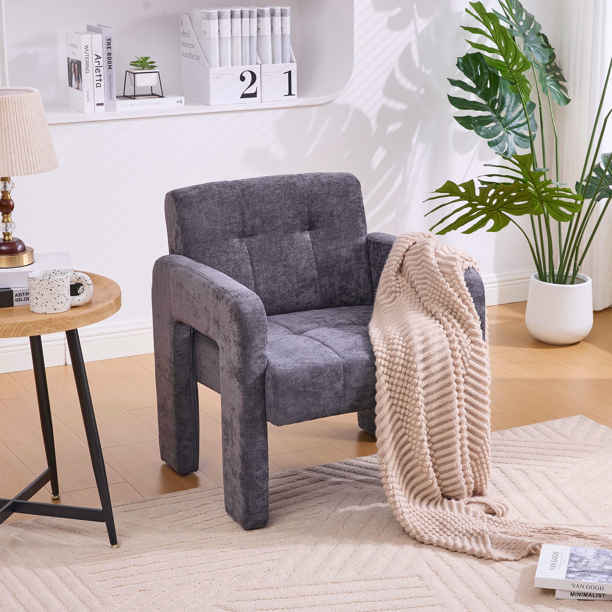 KLAM HOME Sessel Moderner minimalistischer Sessel mit Polster (Bequemer Chenille Sessel mit Armlehnen), Skandinavischer Wohnzimmer Sessel für Entspannung und Komfort
