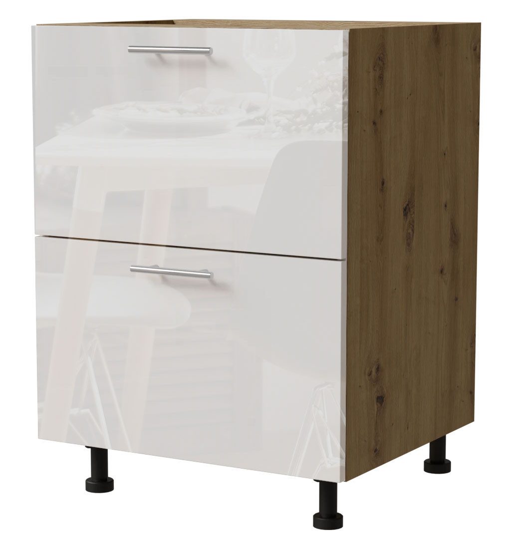 Feldmann-Wohnen Auszugsunterschrank Essen (D2A/60/1A, 2 Schubladen + Innenschublade, HETTICH InnoTech Atira, 1-St., moderne Optik, lackierte Fronten) 60x50x82cm Eiche Artisan - weiß Hochglanz (ES-D2A/60/1A)