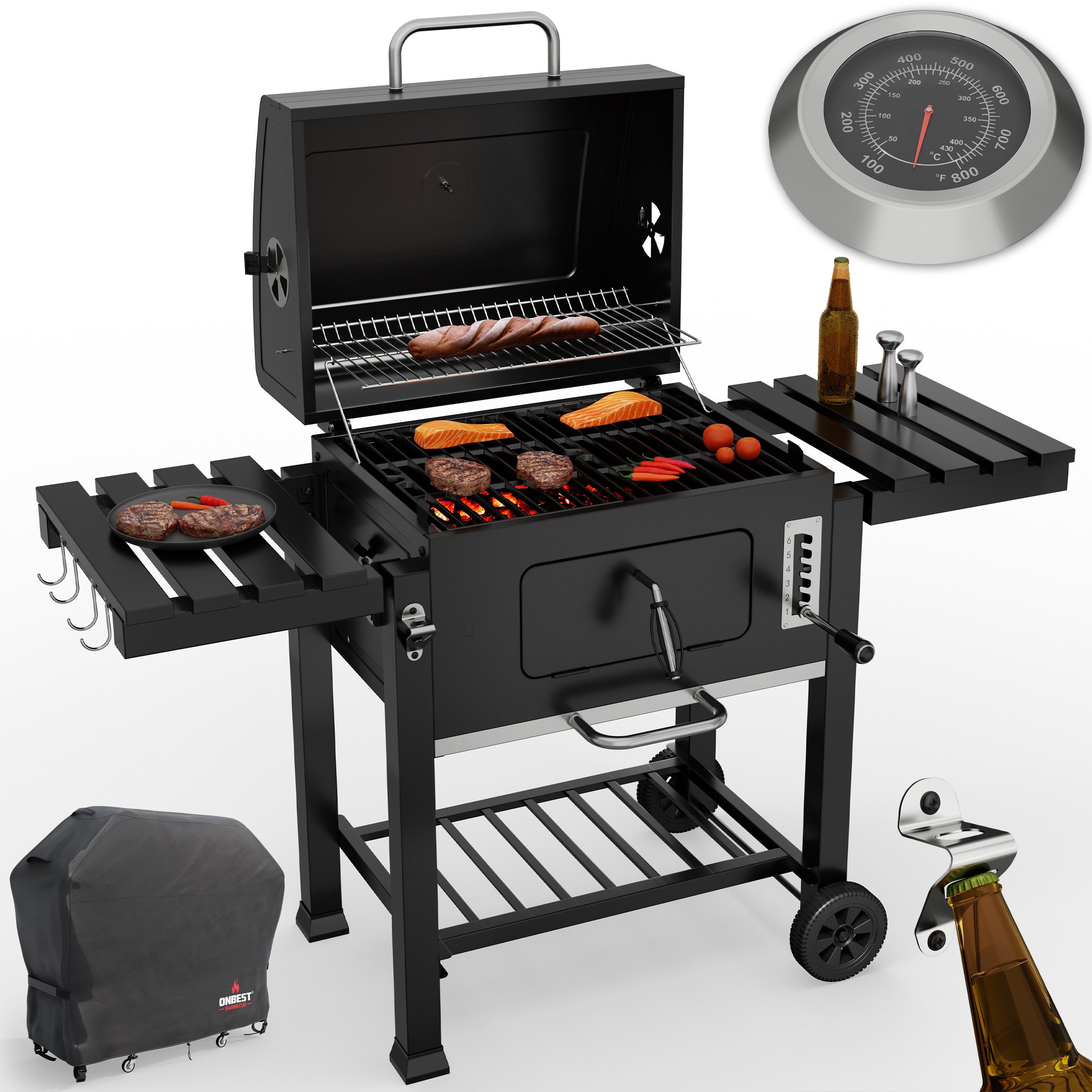 Onbest Holzkohlegrill XXL mit Deckel Thermometer Schutzhülle, 2-faches Gusseisen Grillrost, Ascheschublade