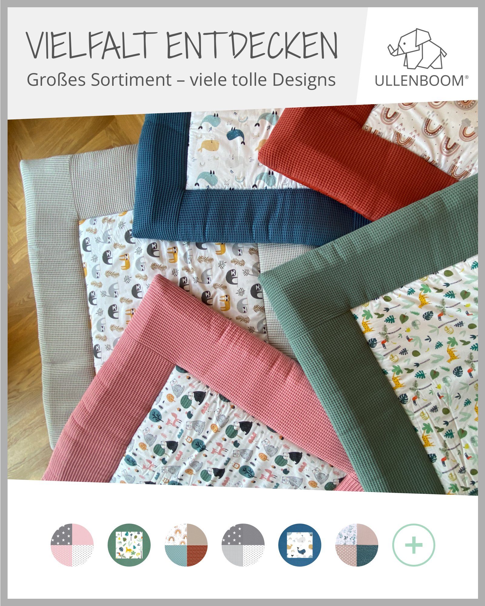 Krabbeldecke Krabbeldecke Babys verschiedenen ®, 100x100 ULLENBOOM gepolstert, Faultiere in in (Made Größen Baumwolle, EU), Dick cm, Außenstoff Grau 100