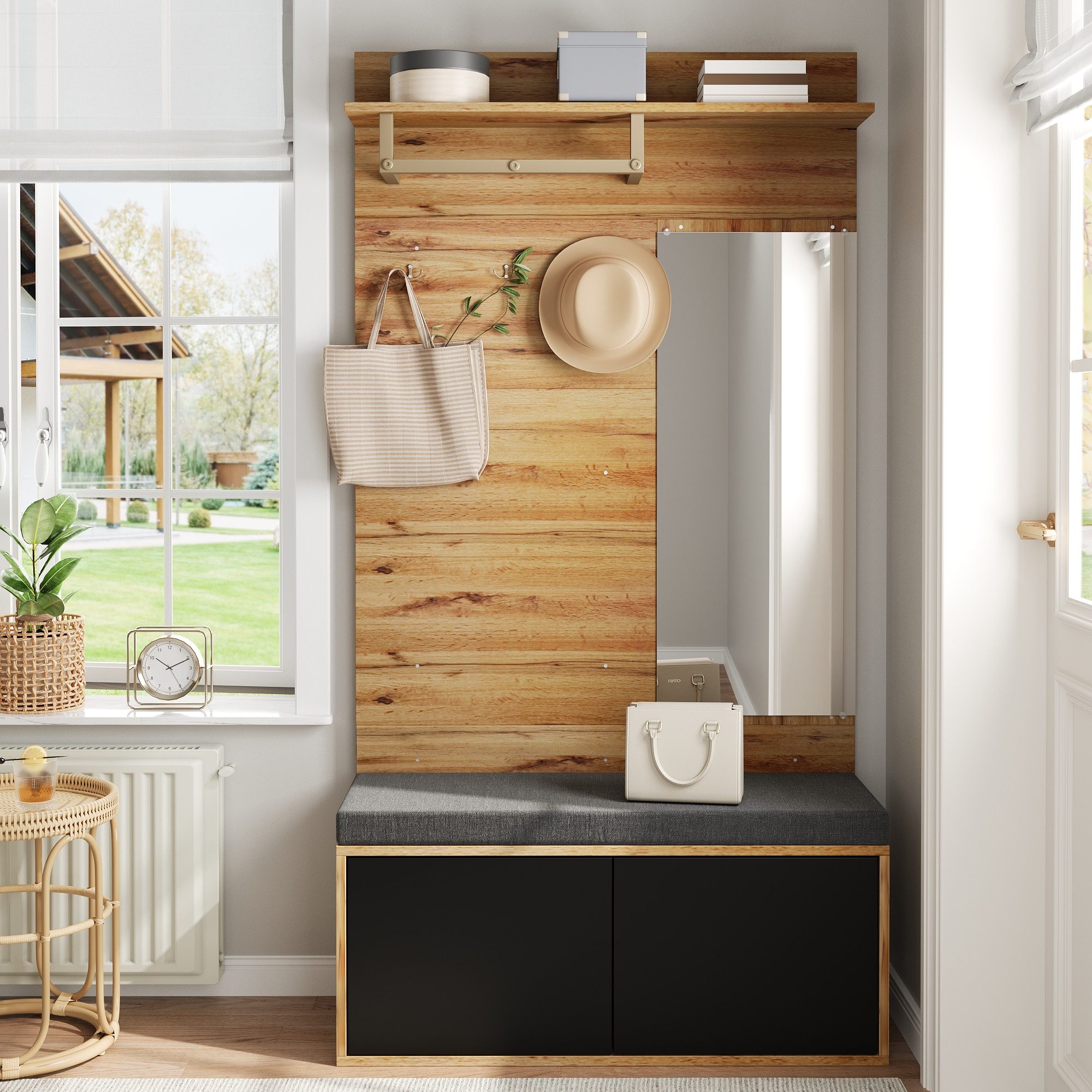 Merax Garderoben-Set mit Spiegel & Sitzkissen, Kompaktgarderobe in Schwarz-Holzoptik, (1-St., 100×190×38 cm), Flurgarderoben-Set mit Schuhschrank, Kleiderhaken & Soft-Close-Türen
