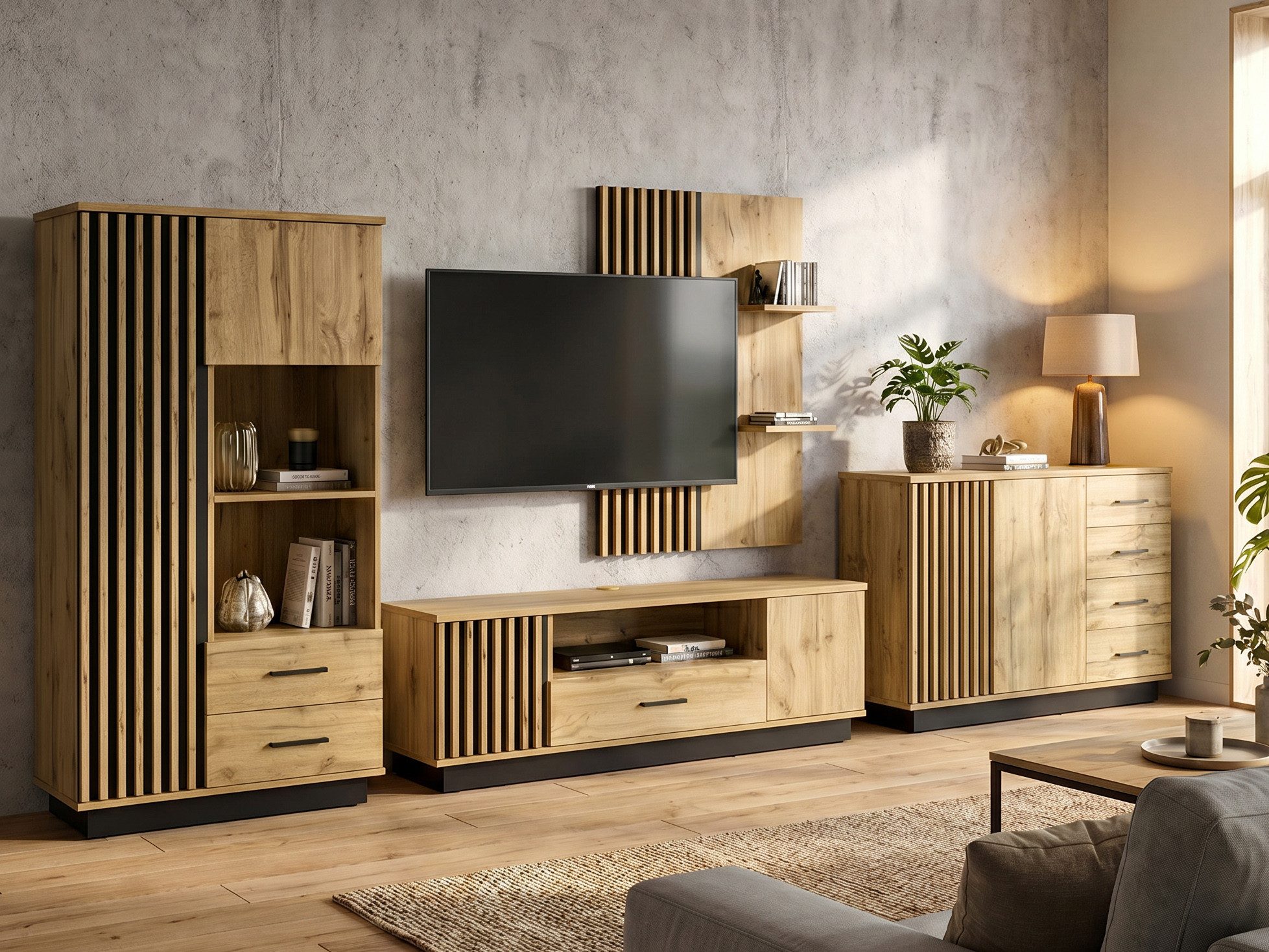 Beautysofa Wohnwand LAMELO Design Loft Möbelset, (Wohnzimmer Set 4-teilig Eiche Wotan+Schwarz, TV-Schrank Kommode Hochkommode Wandregal), mit Lamellen