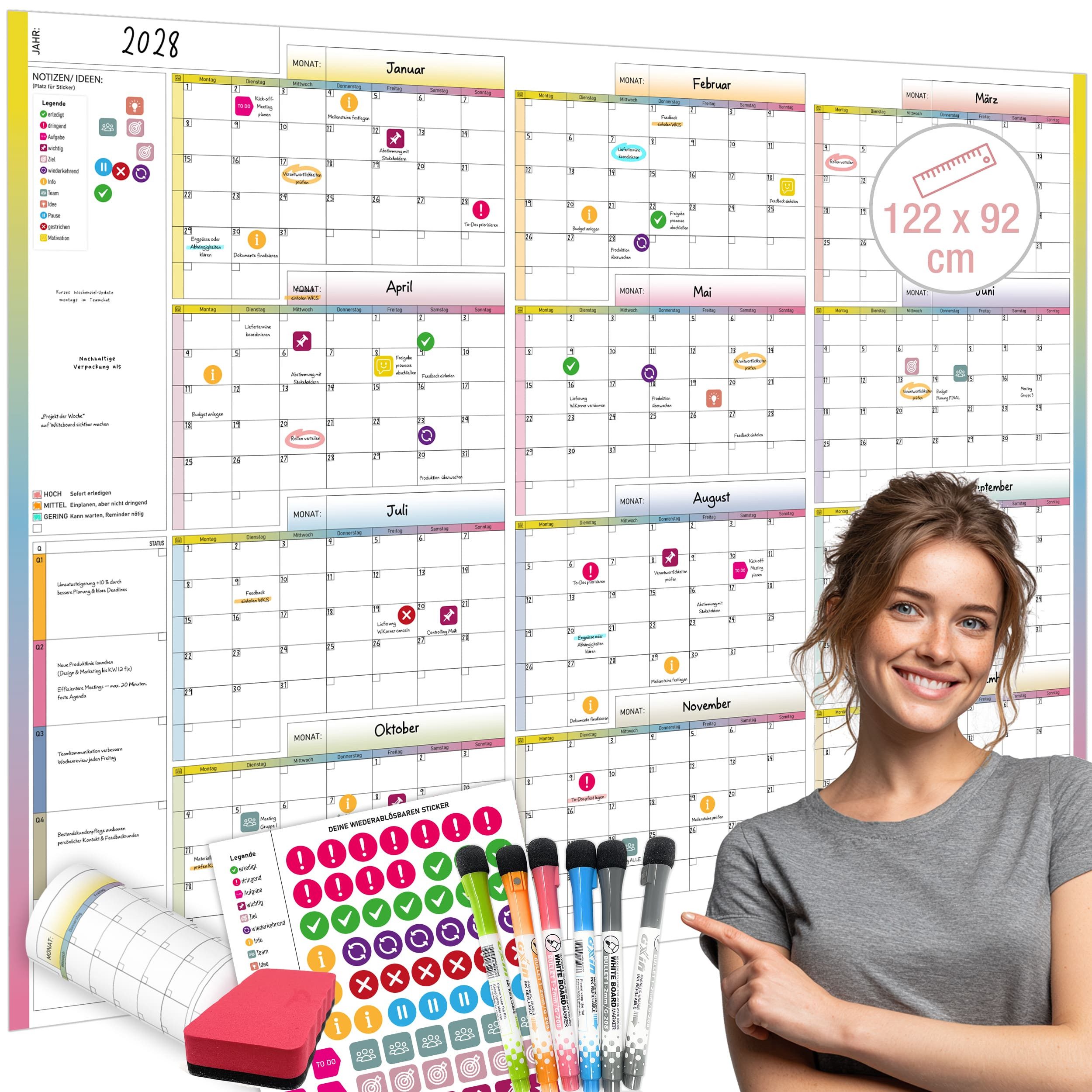 TOBJA Jahresplaner PlanMaster XL – XXL Whiteboard Jahresplaner 122×92 cm inkl. Set, Projektplaner abwischbar mit Stickern, Stiften & Schwam