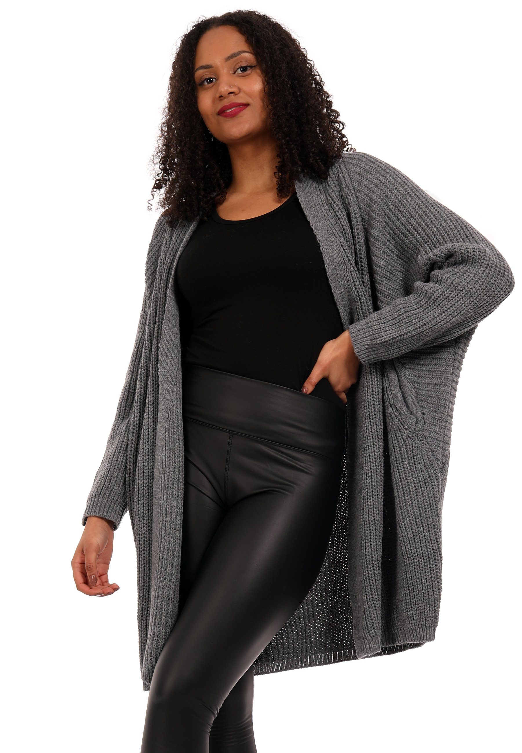 YC Fashion & Style Cardigan Oversize Cardigan Strickjacke Basic-Form verschlusslos Plus Size (1-tlg) casual, mit langen Ärmeln dunkelgrau