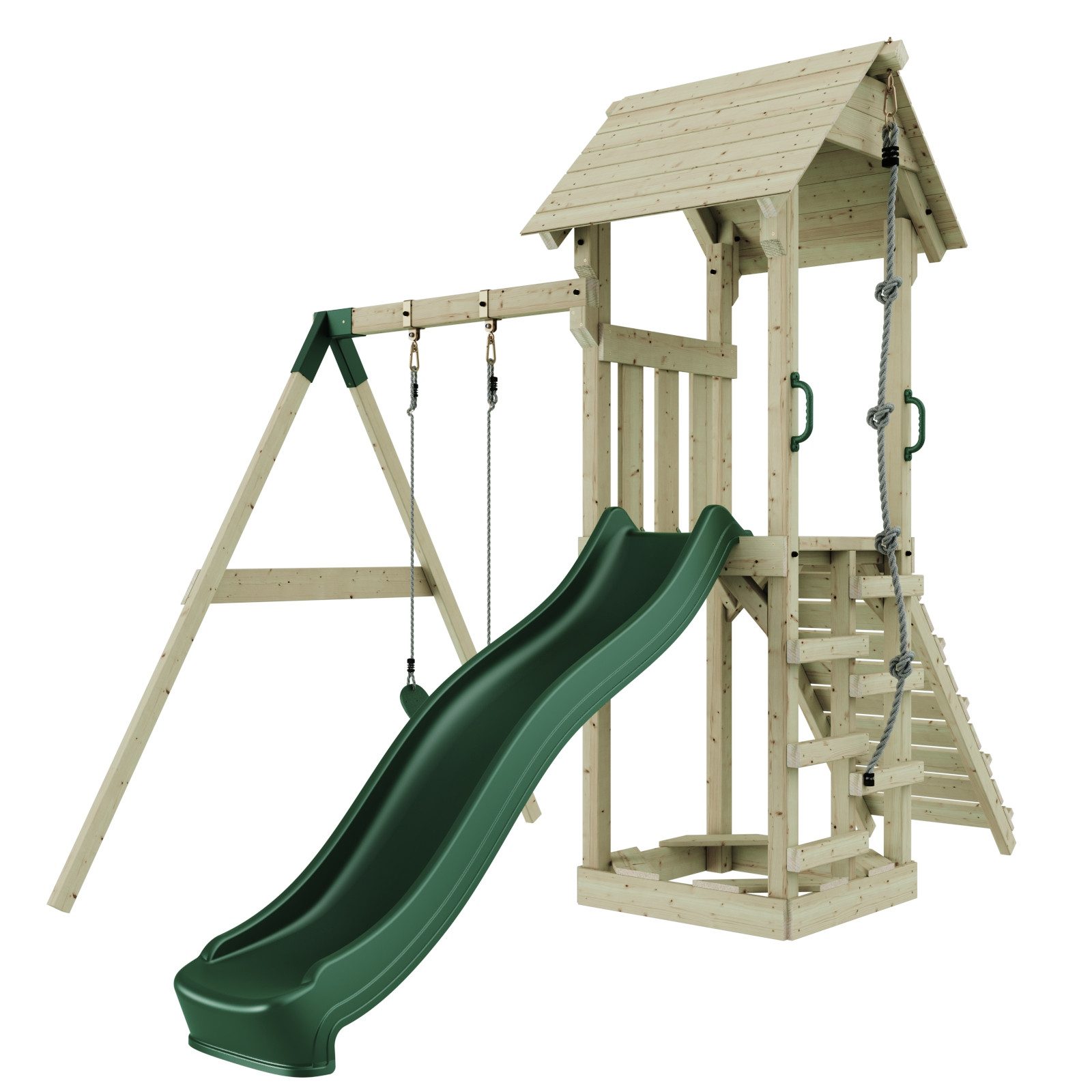 OutdoorToys Spielturm Göteborg, aus Holz in Smaragdgrün mit Kinderschaukel & Rutsche