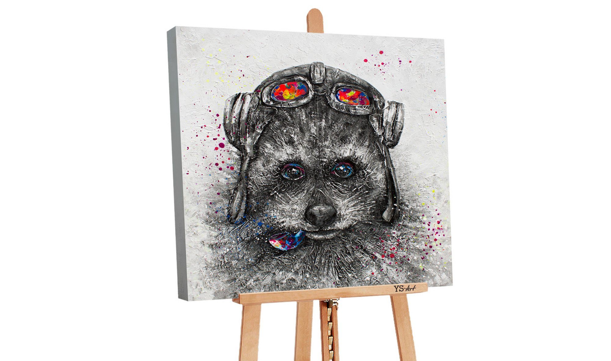 YS-Art Gemälde Waschbär, Tierbilder, Waschbär Leinwand Bild Handgemalt Bunte Brille Mütze