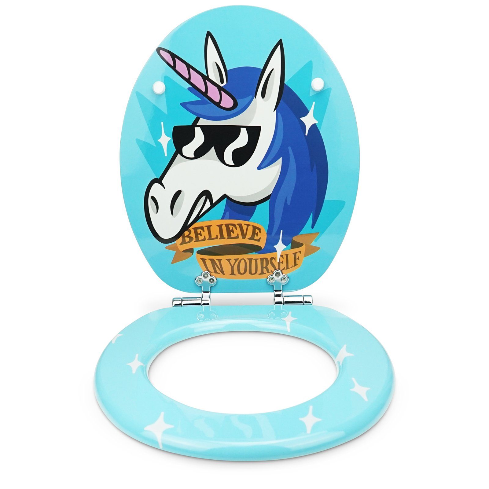 Sanfino WC-Sitz "Funky Unicorn“ Premium Toilettendeckel mit Absenkautomatik aus Holz, mit schönem Motiv, hohem Sitzkomfort, einfache Montage – Bild 3 von 5
