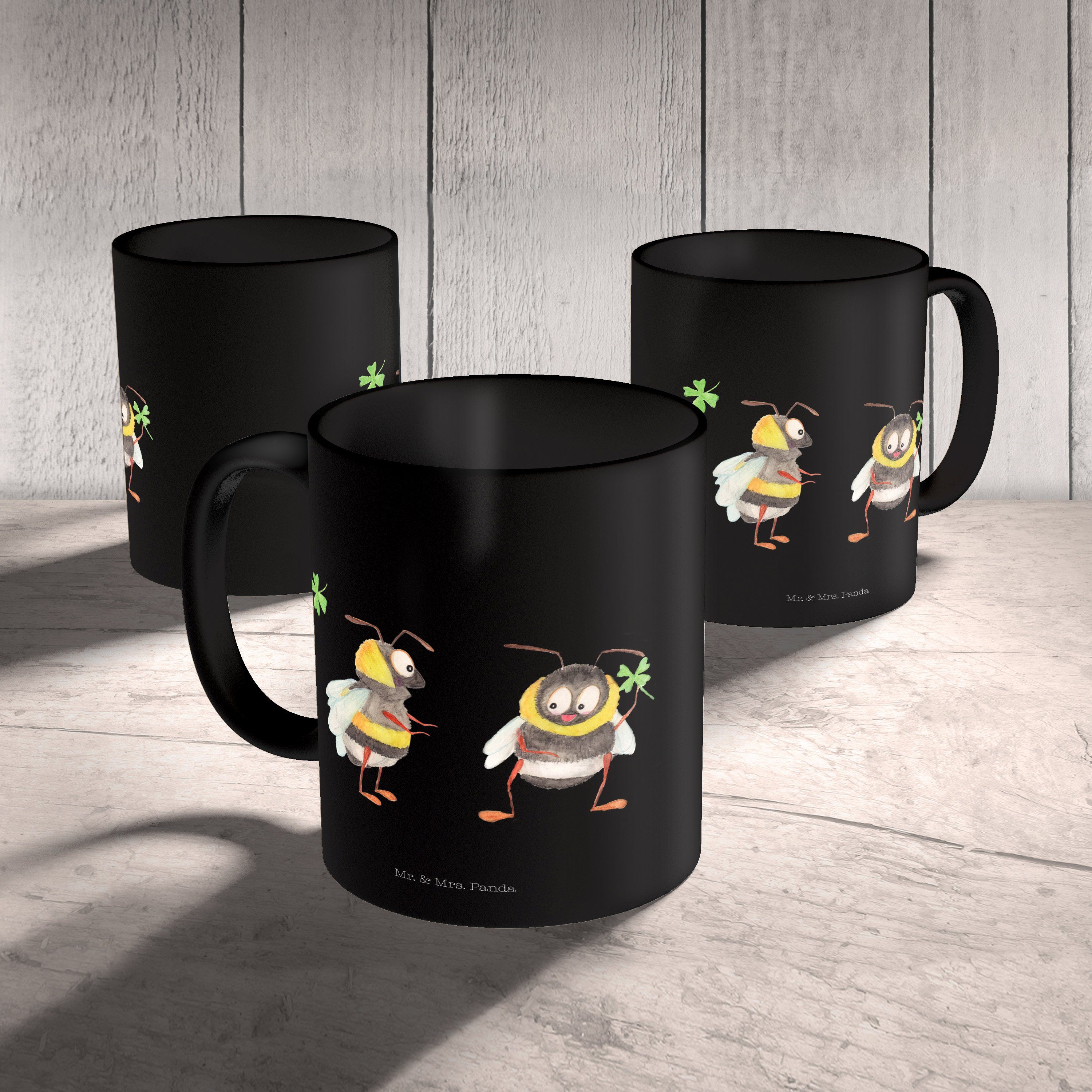 Kleeblatt lu, Schwarz Tasse positiv, - Keramik - Schwarz Mrs. Tiere, Hummeln mit Spruch Geschenk, & Mr. Panda
