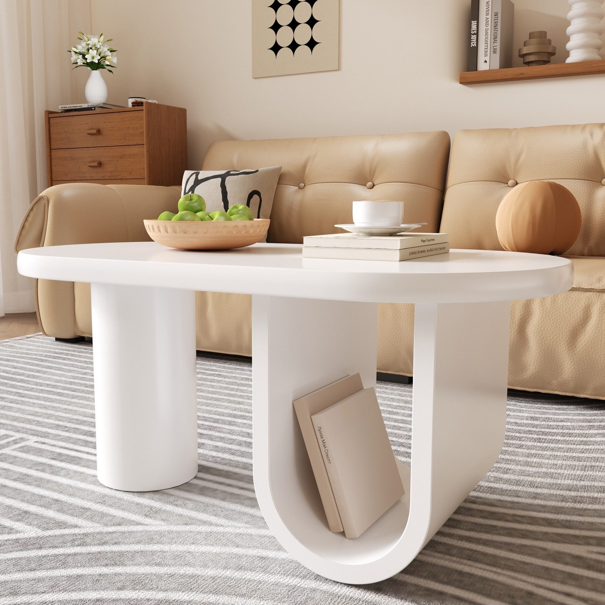 IDEASY Couchtisch Ovaler Couchtisch Weiß mit U - Bein & Stauraum