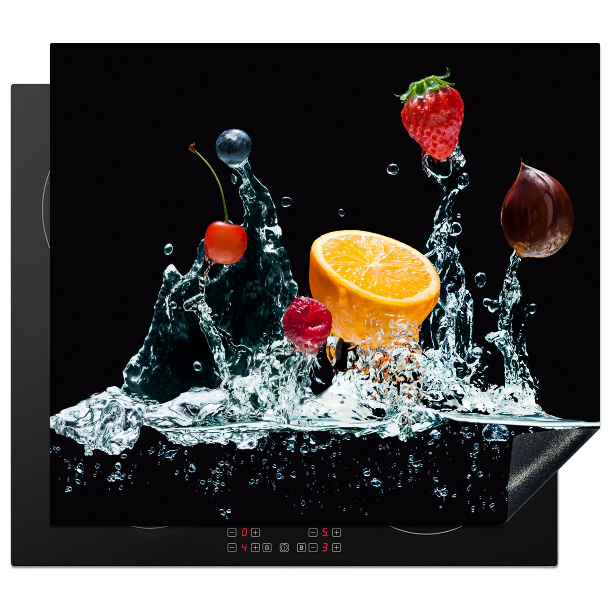 MuchoWow Herdblende-/Abdeckplatte Wasser - Obst - Orange - Erdbeere - Kirsche - Schwarz, Vinyl, (1 tlg), 59x51 cm, Induktionsschutz, Induktionskochfeld, Ceranfeldabdeckung