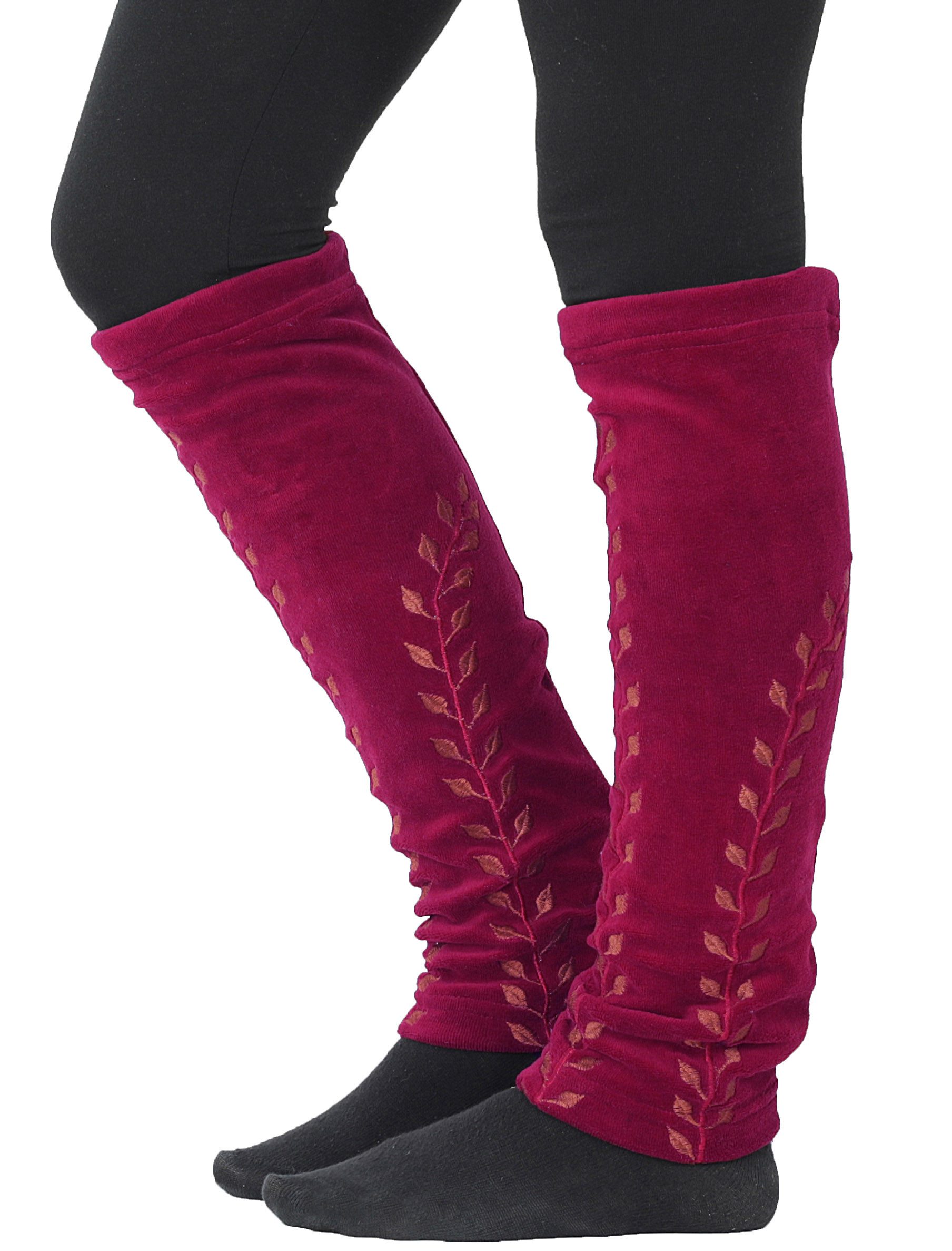 PUREWONDER Beinstulpen Beinstulpen aus Samt, Stulpen mit Blätter-Ranken LW14 Rot (1 Paar) Einheitsgröße