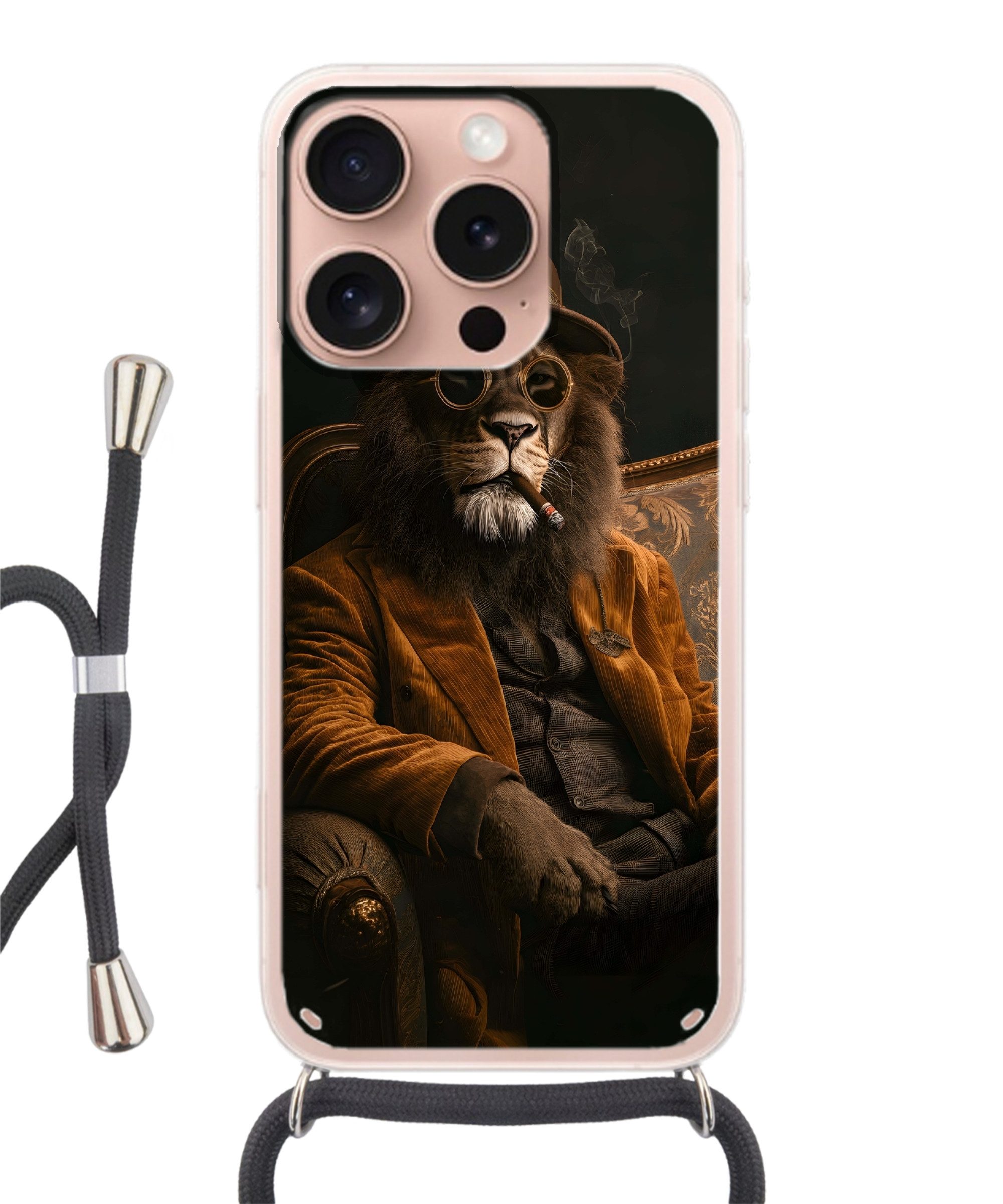 MuchoWow Handyhülle für Apple iPhone 16 Pro Brille - Löwe - Bank - Hut, Tragbare Handyhüllen mit Kette zum umhängen, Handykette Handyband