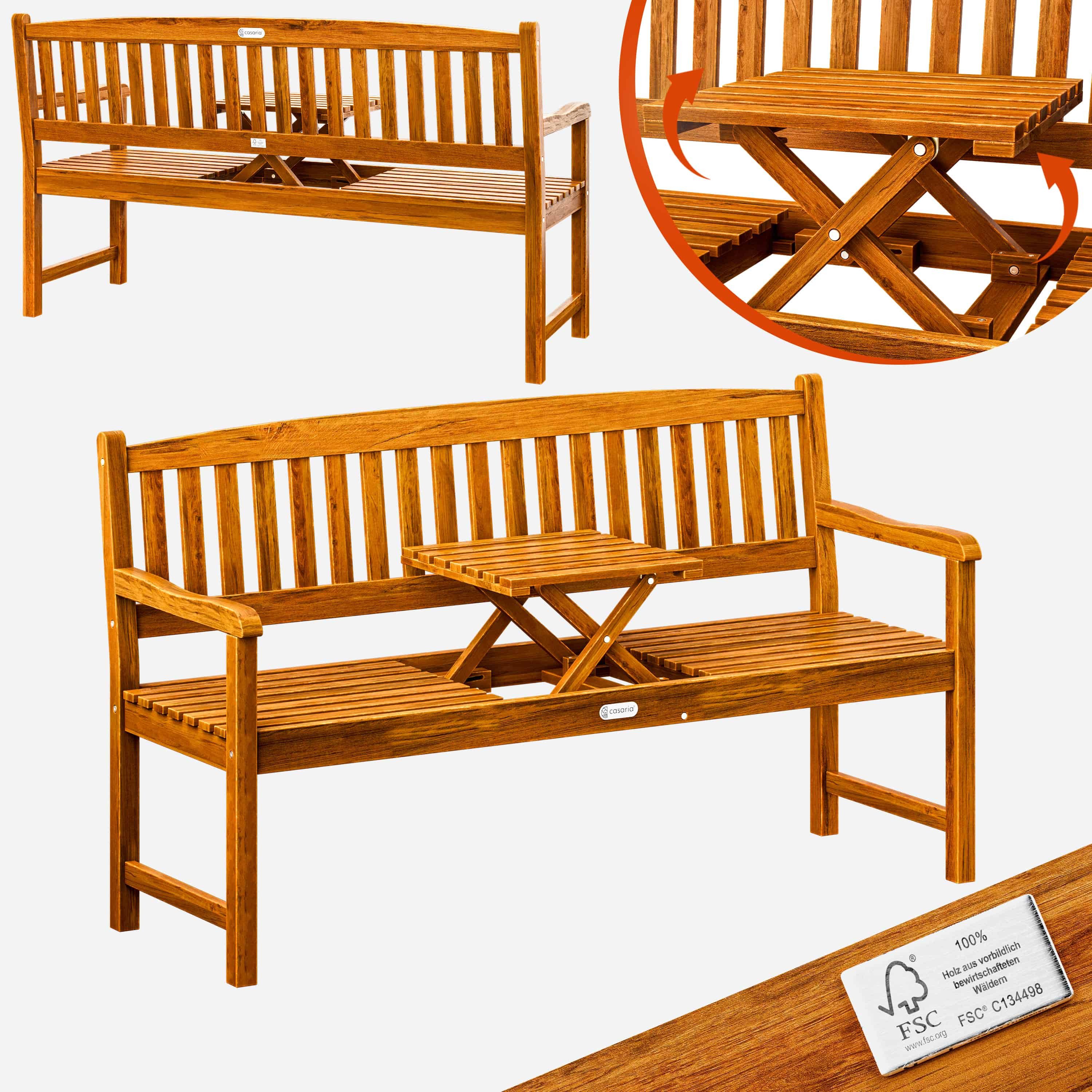 Casaria Bank Picknick, Wetterfest Holz FSC® 480kg Belastbar Garten Holzbank Eukalyptus